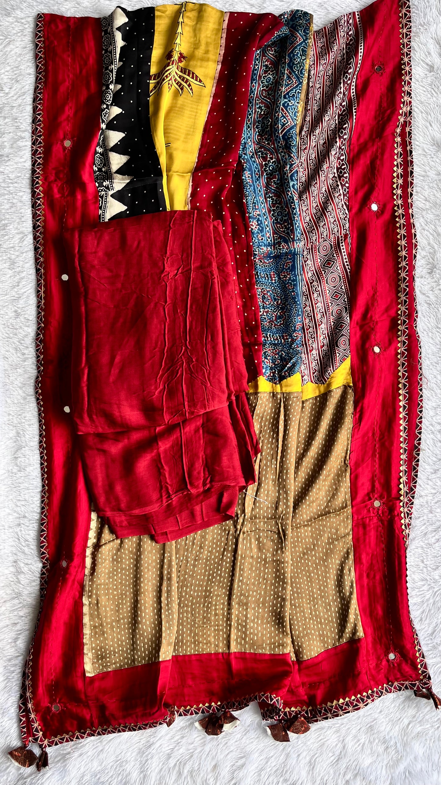 Maroon Solid Shade Multicolour Modal Silk Ajrakh Hand Block Print 2pc Suit Material Set with Applique Work Dupatta