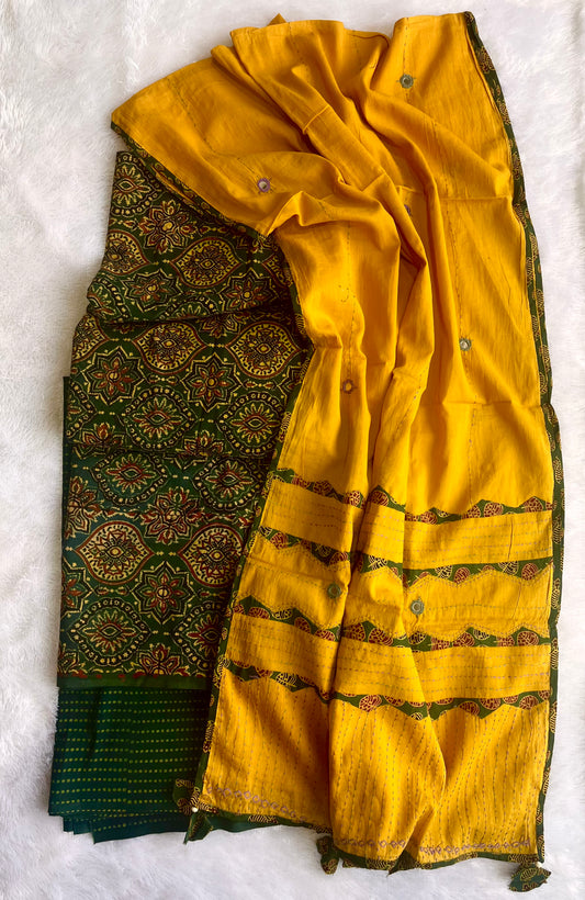 Forest Green Badaam Buti Ajrakh Unstitched Suit Set with Cotton Applique Work Dupatta