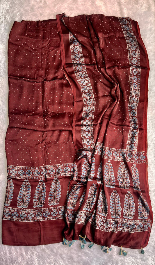 Warm Caramel Polka and Asopallav Motif Ajrakh Hand Block Print Chanderi Silk Suit Material