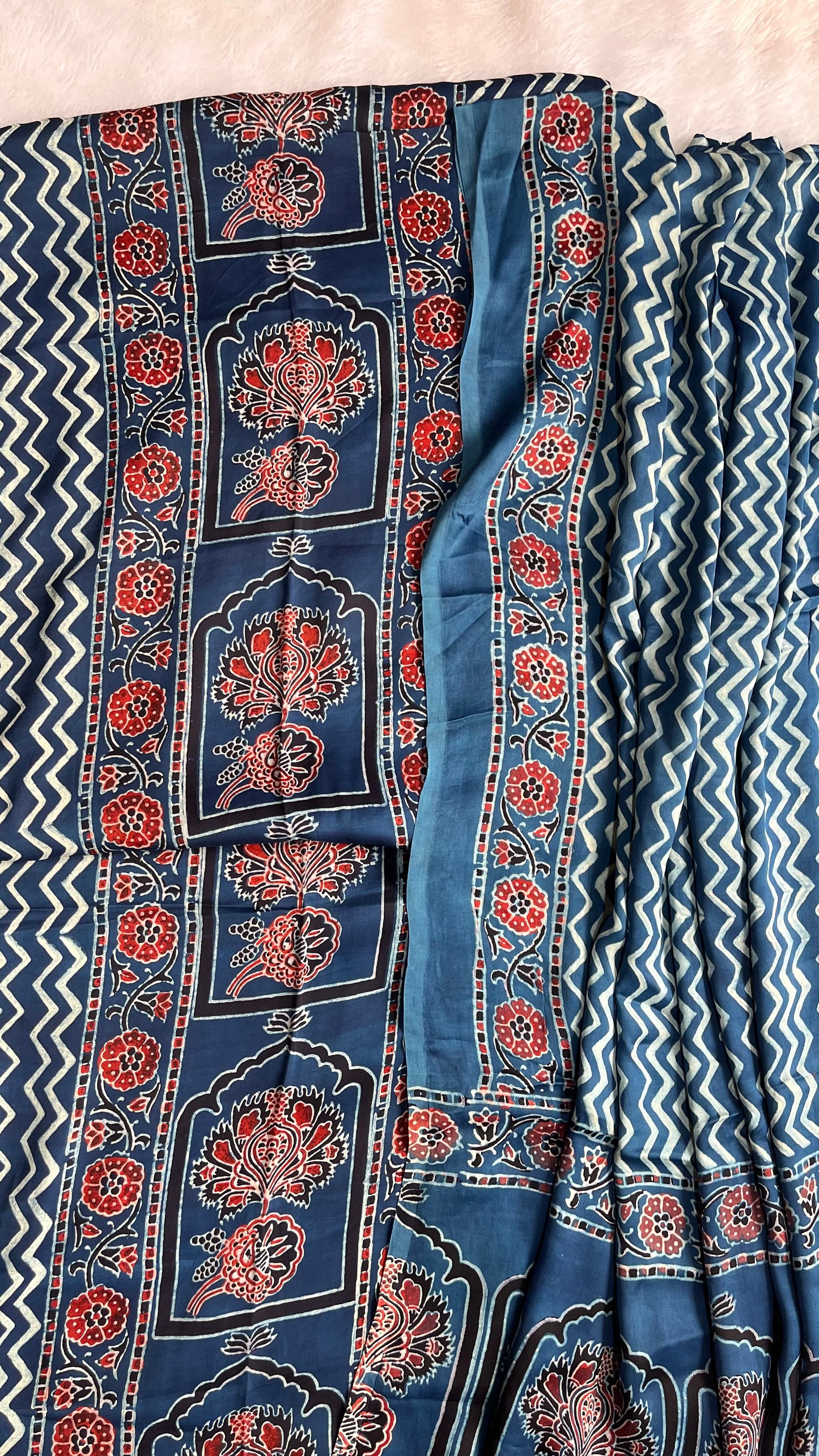 Indigo Blue Panel Motif Modal Silk Hand Block Print 3 Piece Suit Material Set