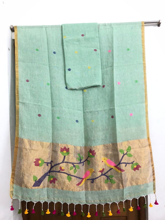 Sea Green Paithani Unstitched Pure Linen on Linen Hand Woven Daman 2 pc Suit Set