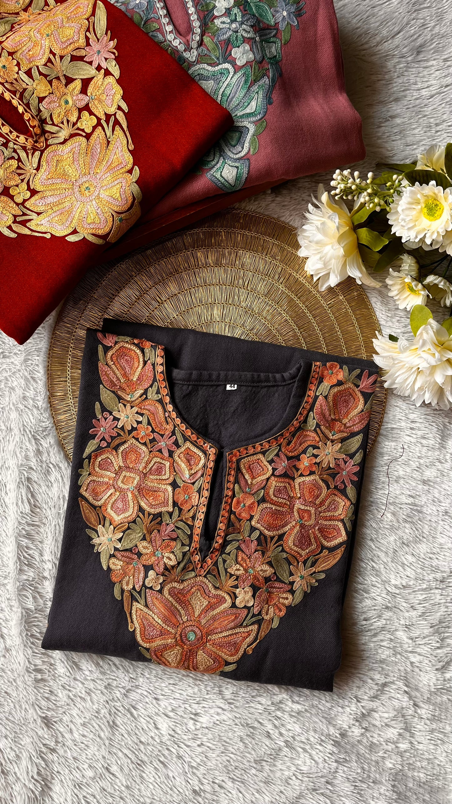 Dark Grey Shade Aari Hand Embroidered Marino Wool Pheran with Pockets