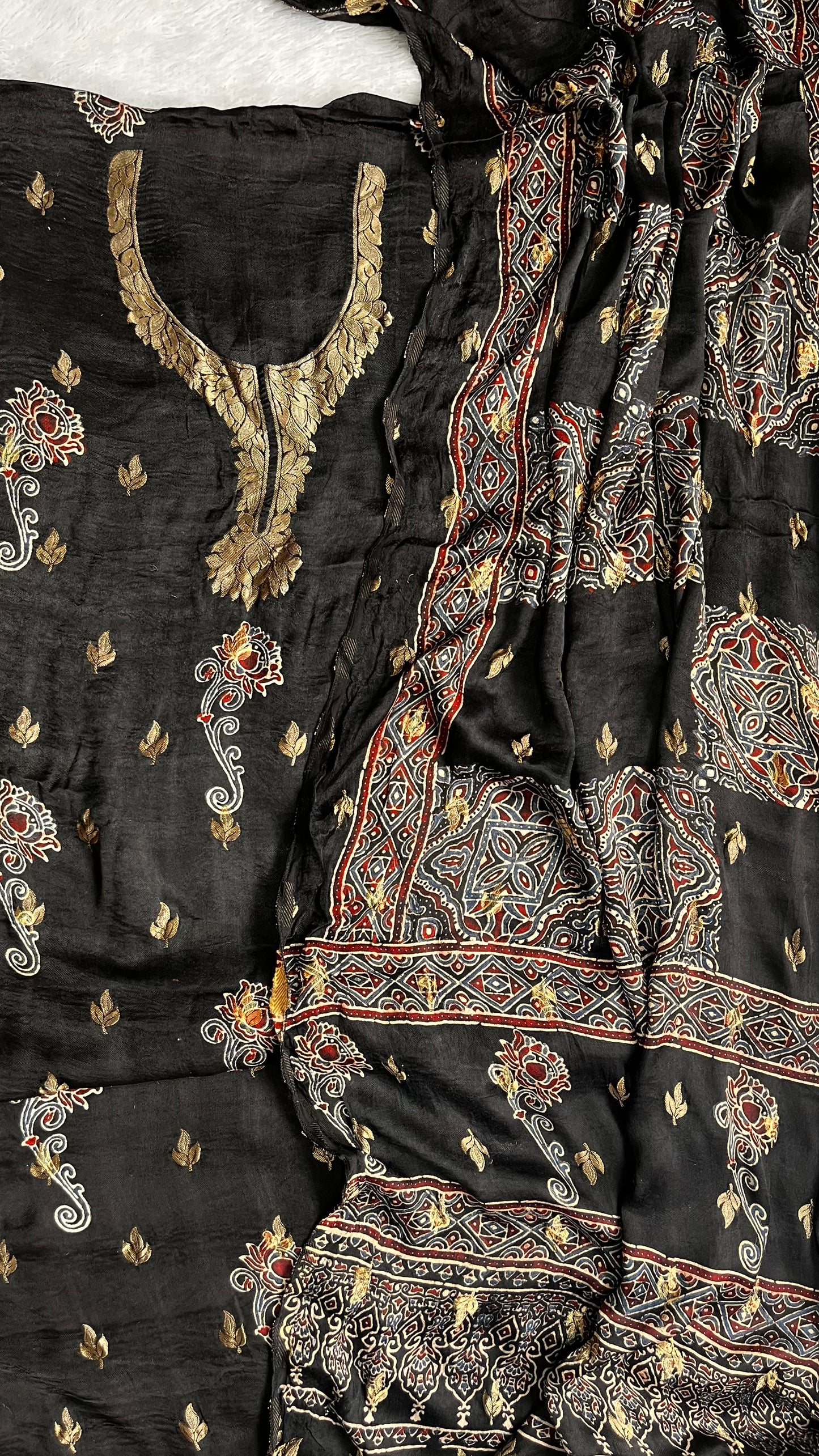 Alluring Black Boota Motif Ajrakh Hand Block Dola Silk Suit Material with Nakkashi Border