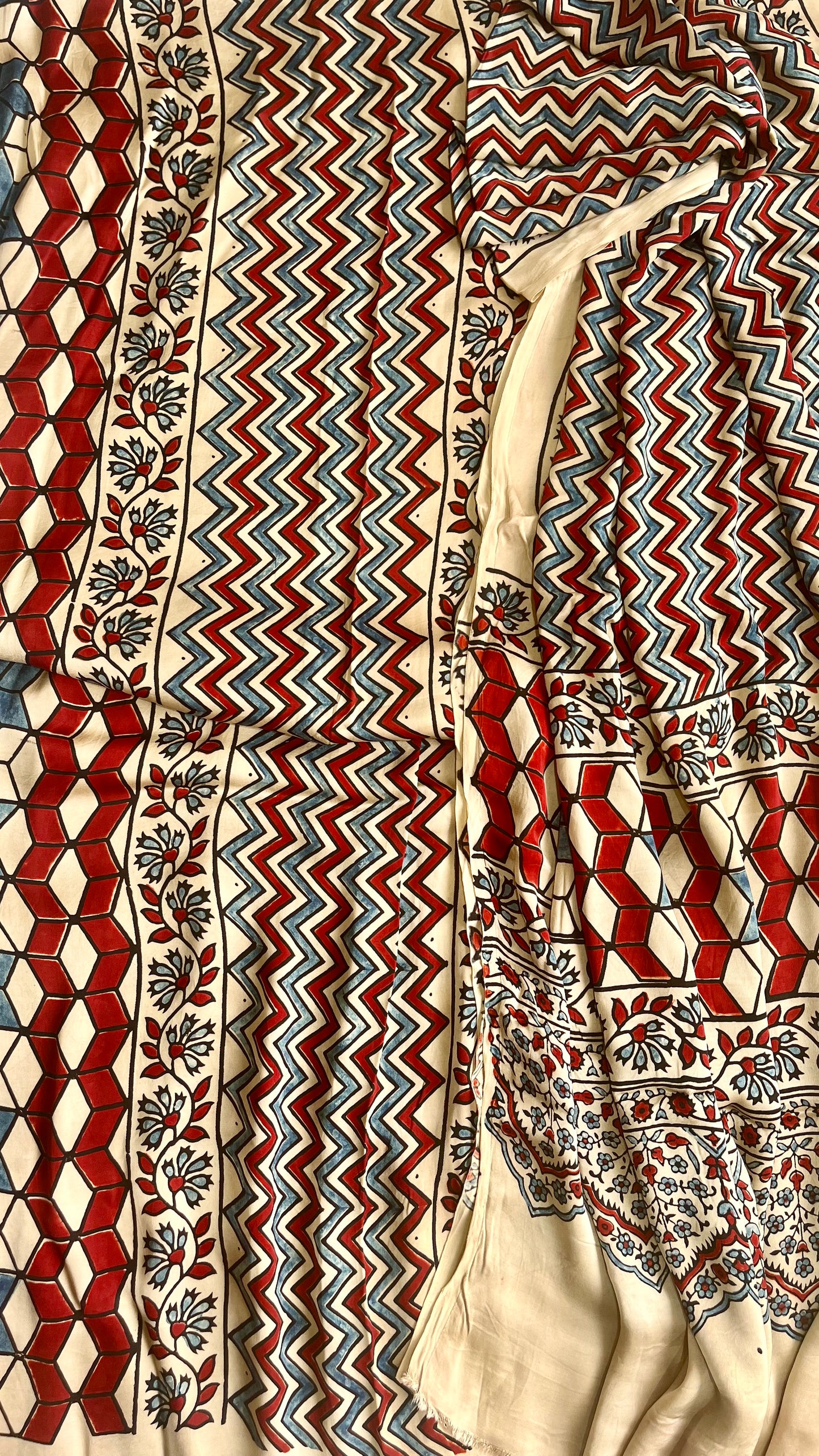 Off White and Red Grid Print Modal Silk Ajrakh Natural Dyed Hand Block Print 2pc Suit Material Set