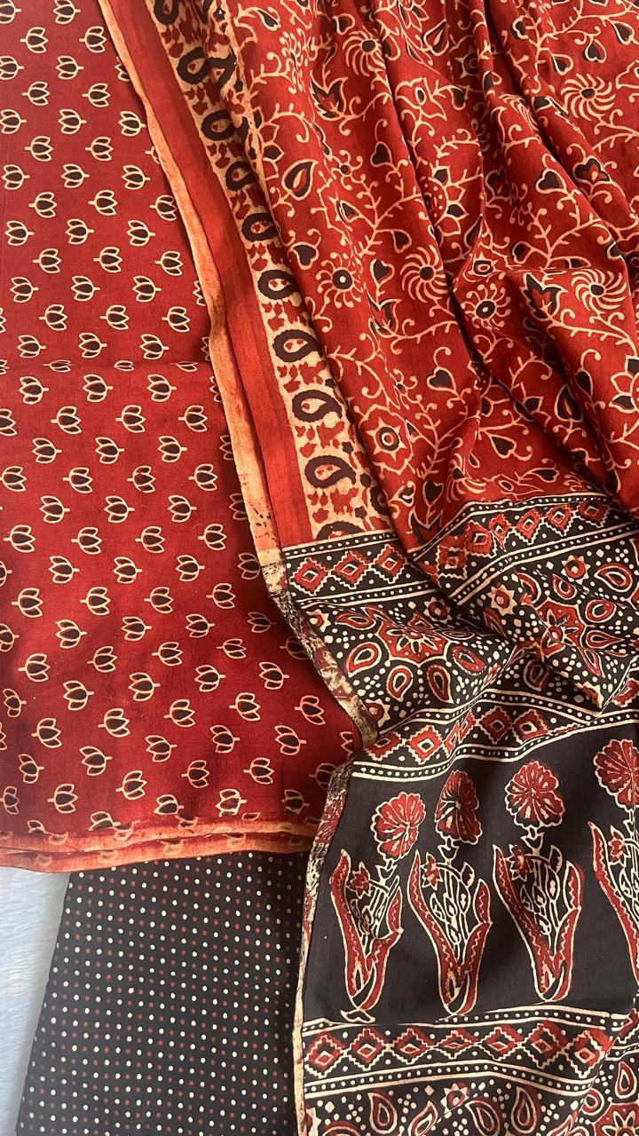 Brick Red Kamal Buti Motif Ajrakh Unstitched Pure Cotton Suit Set with Cotton Dupatta