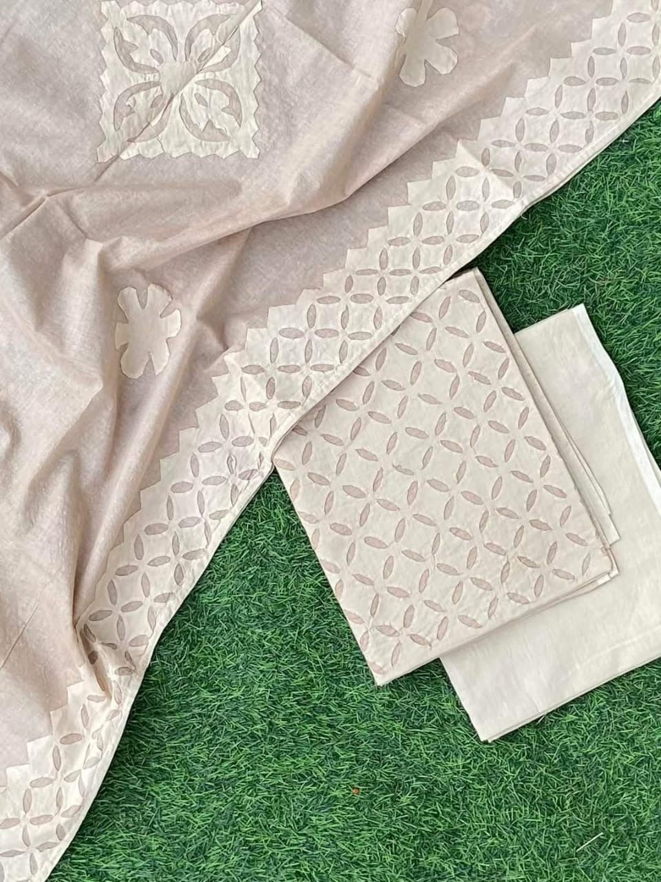 Badaami Shade Barmer Applique Cut Work Cotton 3pc Suit Material Set