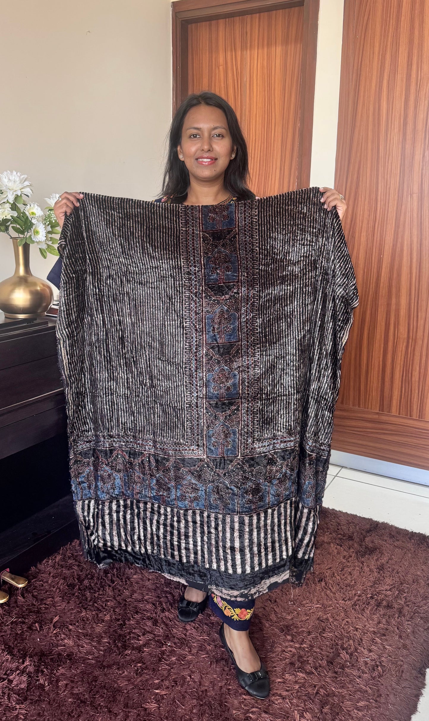 Black Stripes Buta Velvet Fabric Ajrakh Hand Block Print Designer Unstitched Fabric (Kurta Only)