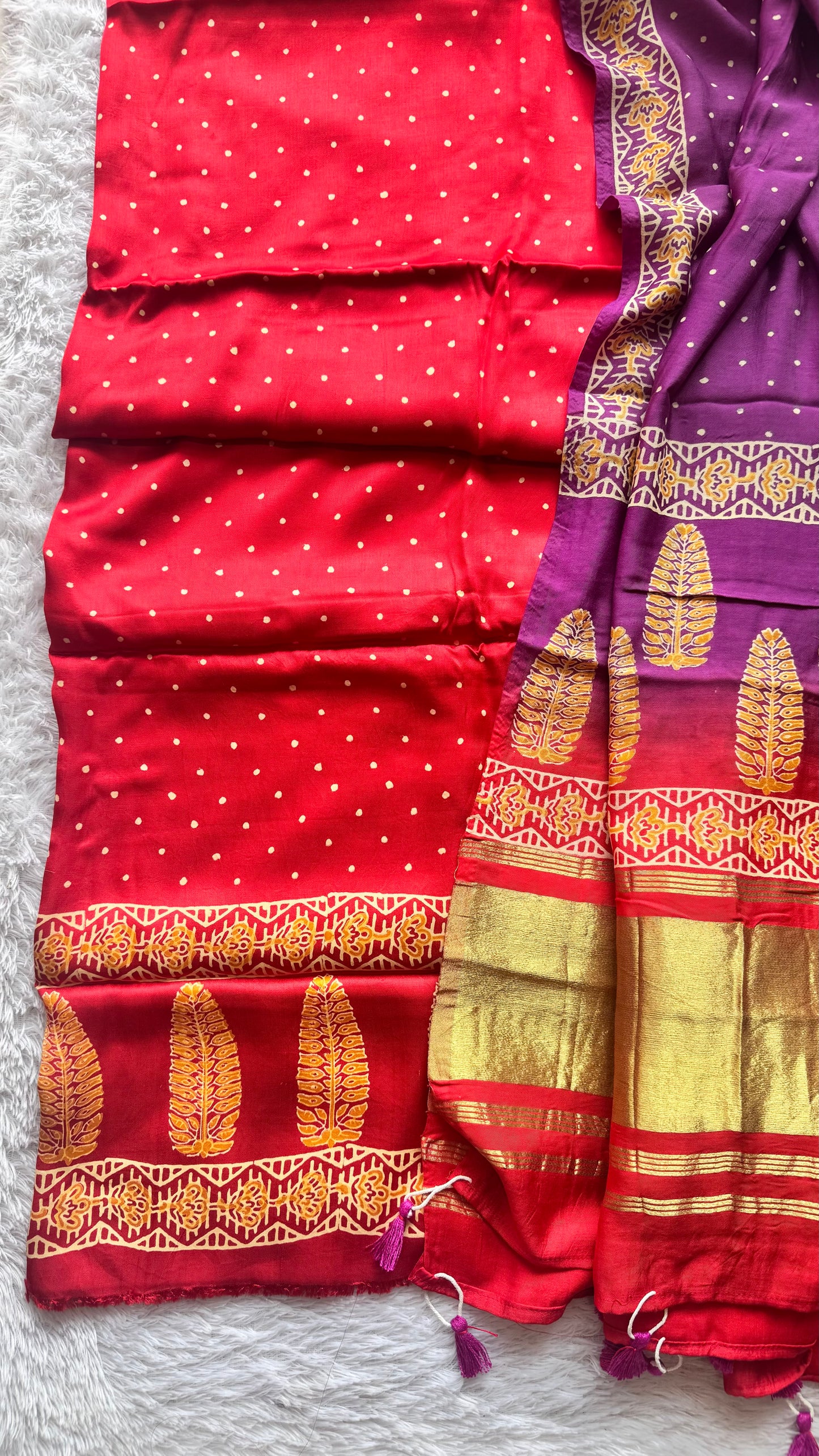 Red and Purple Buta Motif Modal Silk Hand Block Print 2pc Suit Material Set with Lagdi Patti Dupatta