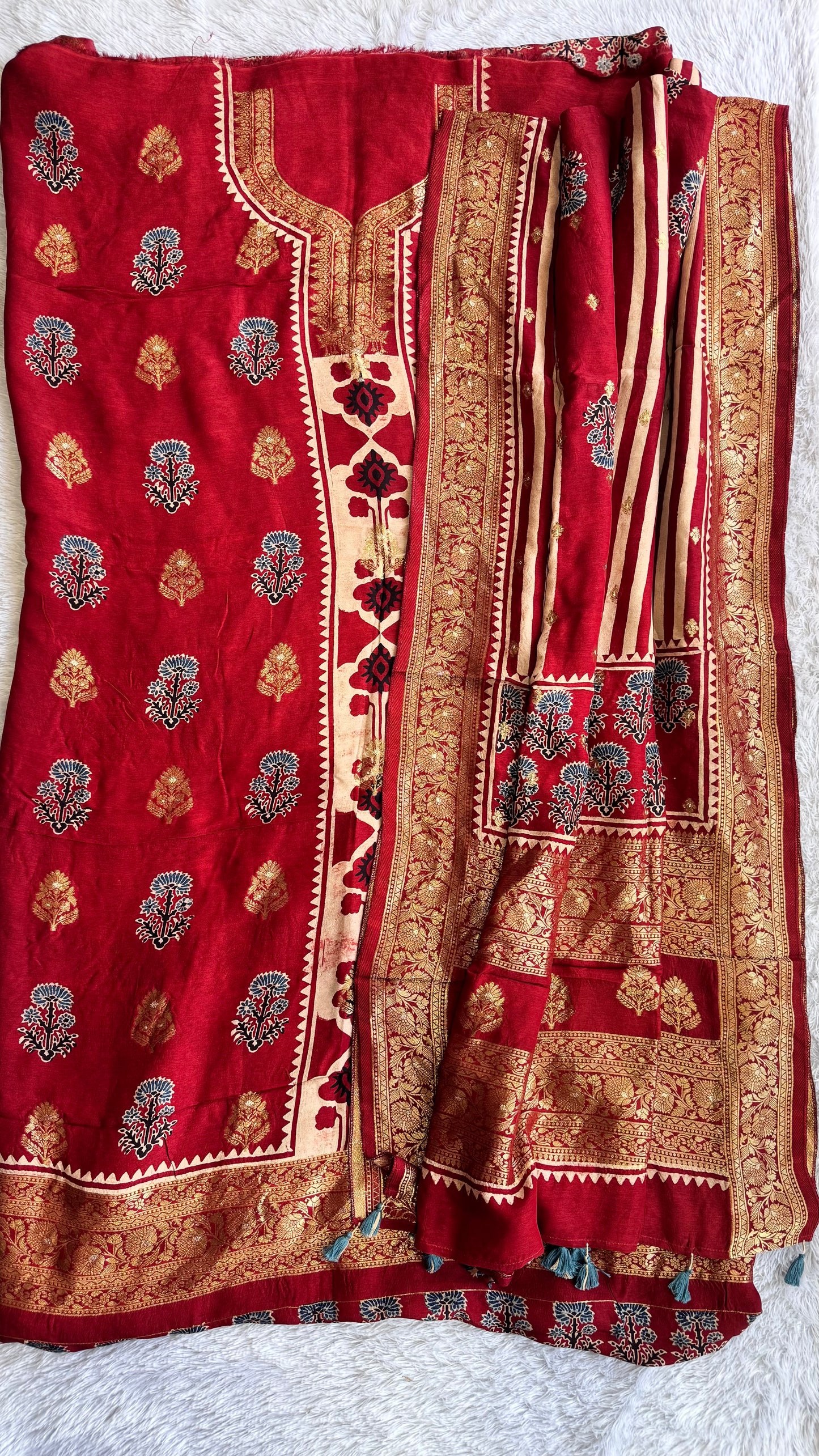 Ravishing Red Rose Boota Pure Dola Silk Ajrakh Hand Block Print 2pc Suit Material Set with Zari Yoke and Nakkashi Dupatta