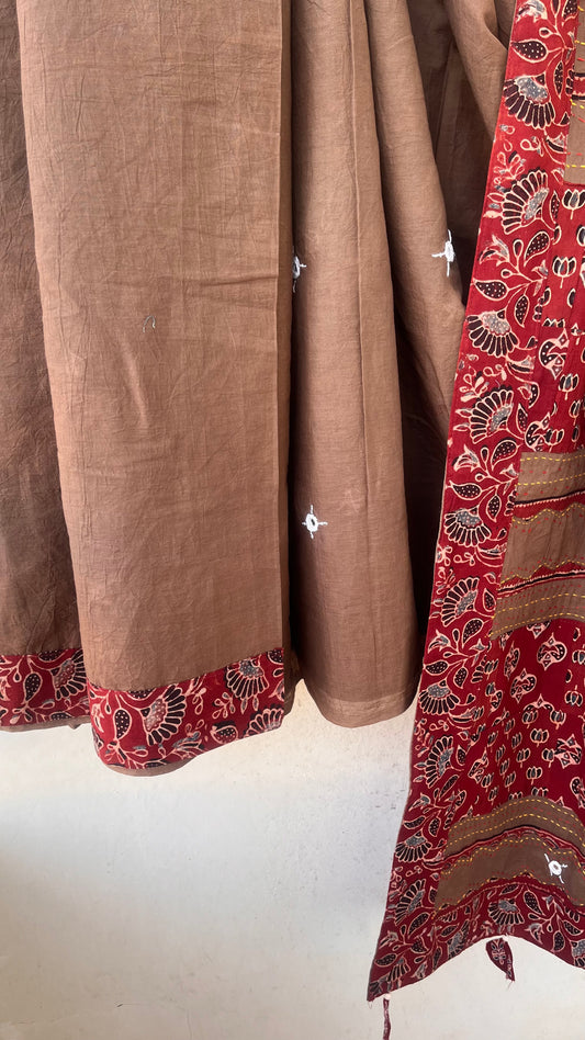Cookie Brown and Red Ajrakh Patchwork Cotton Saree with Embroidery and Mirror Work