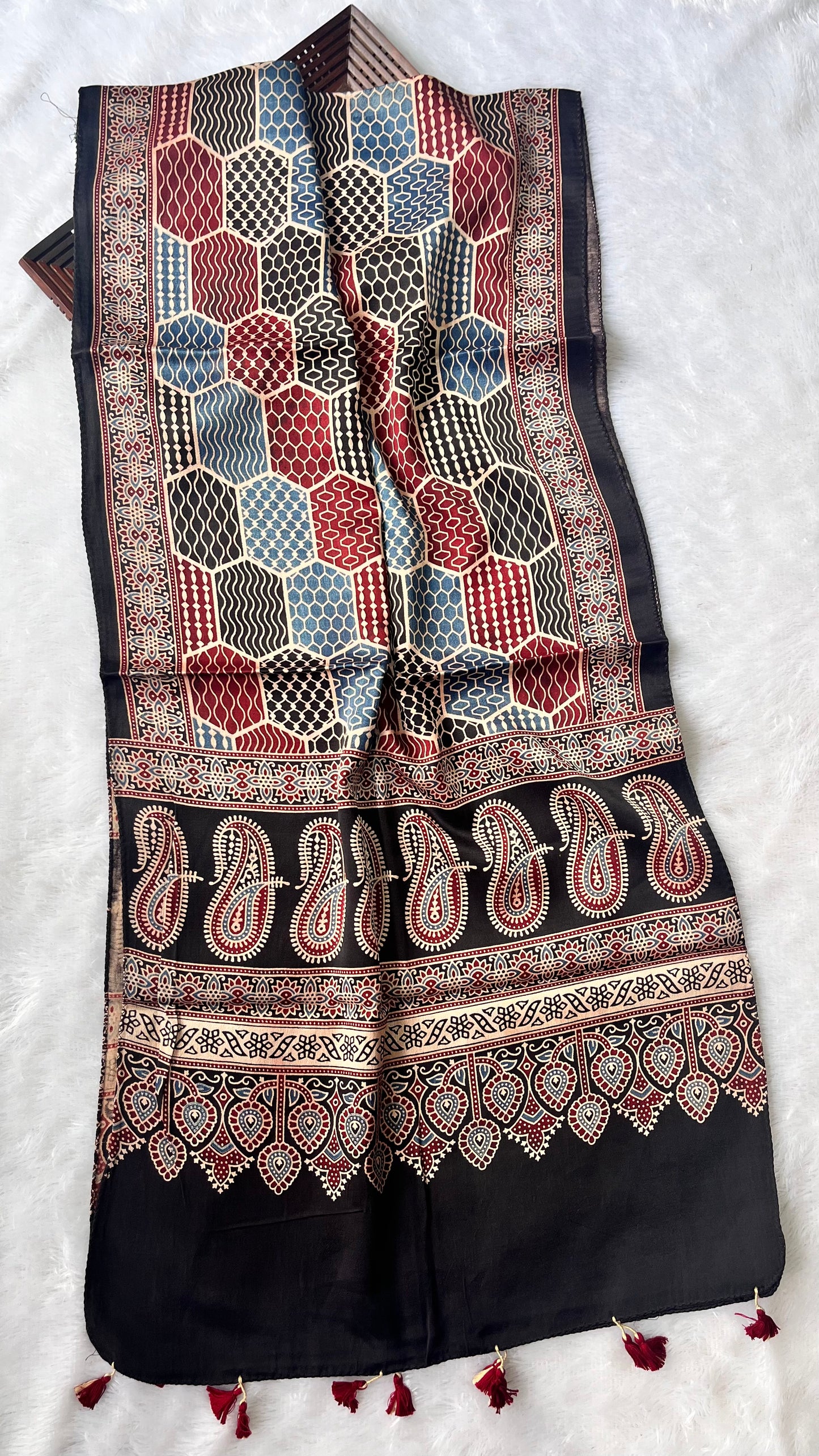 Black and Red Honeycomb Motif Ajrakh Hand Block Print Mashru Silk Stole