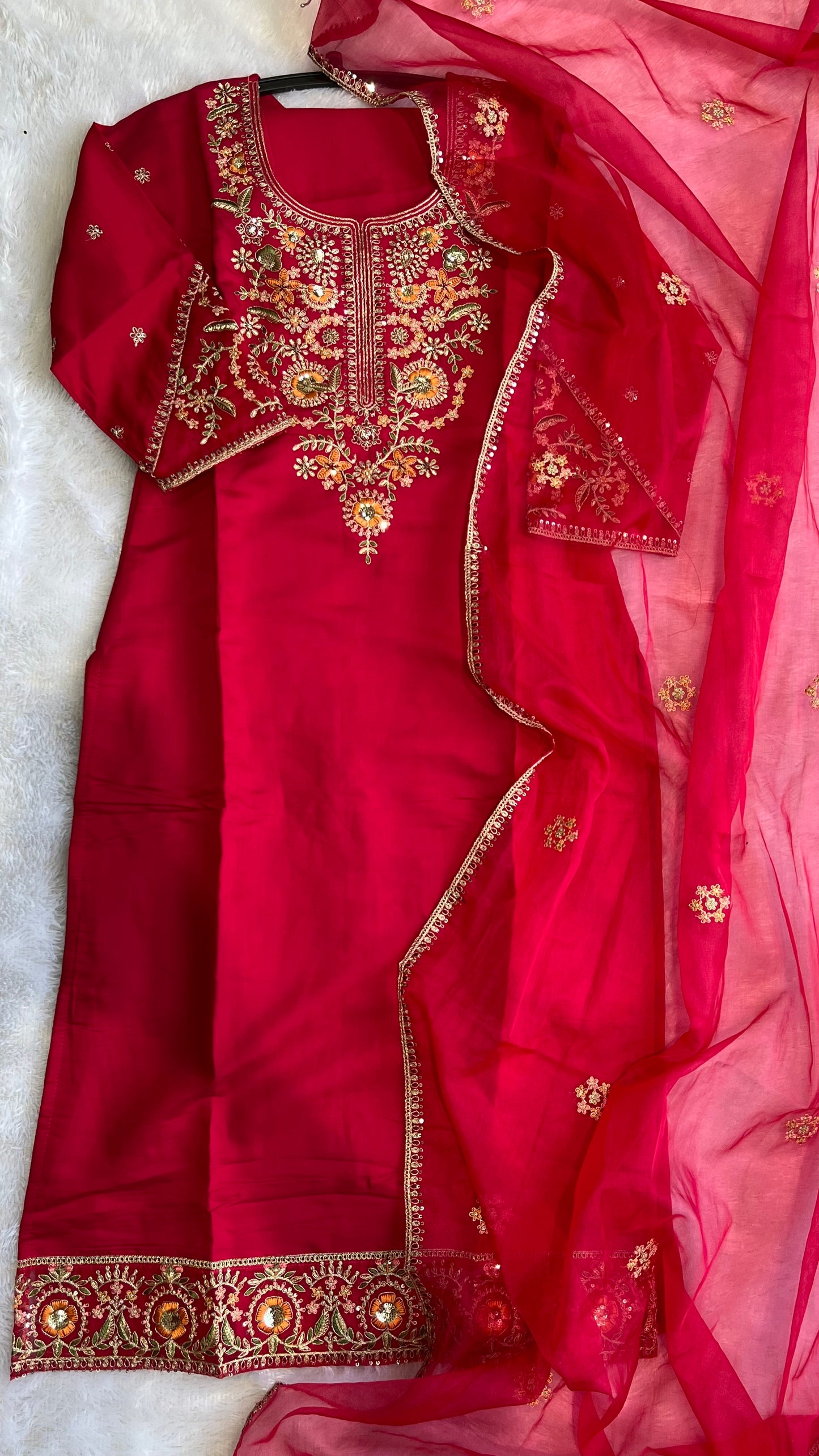 Hot Pink Pure Muslin Suit Set with Organza Dupatta and Organza Sleeve Details