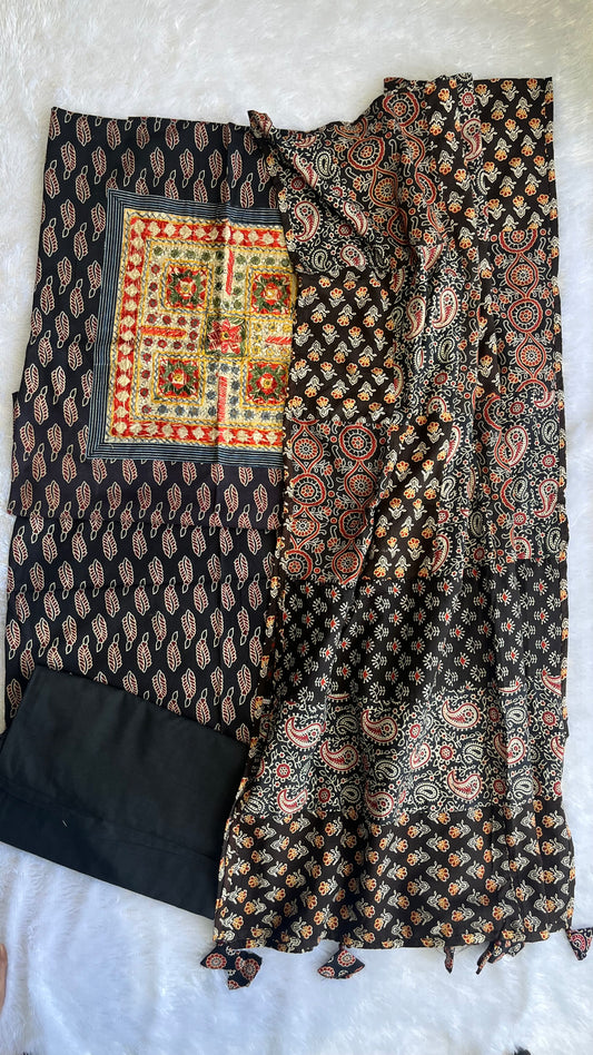 Alluring Black Ajrakh Suit Set with Kutch embroidery and Multicolour Ajrakh Applique Cotton Dupatta