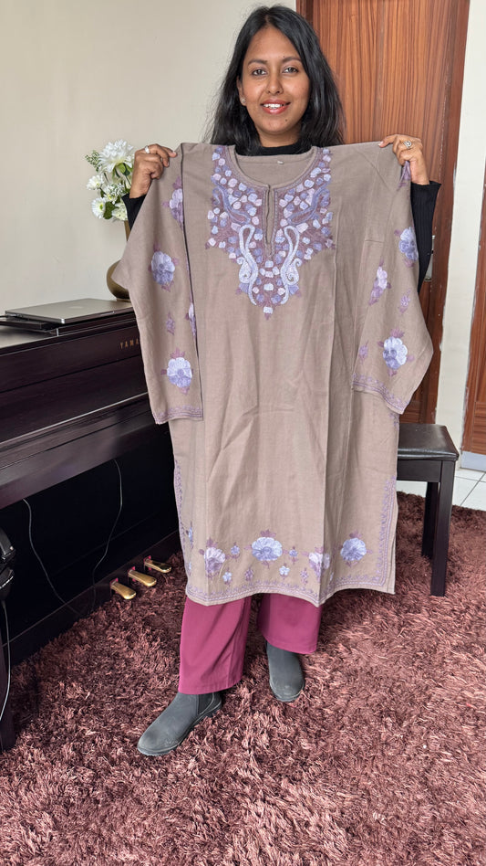 Pashmina Shade Hand Embroidered Pure Marino Wool Kashmiri Pheran with Pockets and Hand Embroidered Sleeves (Size 54”)