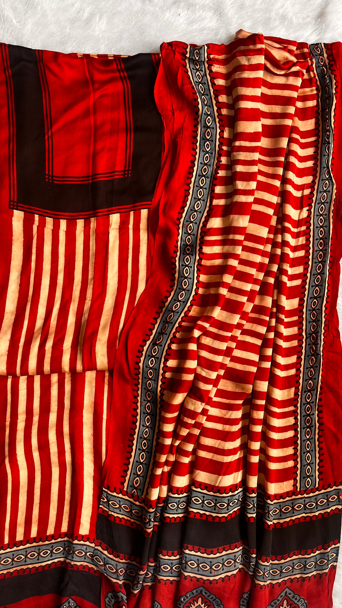 Red and Black Stripe Print Modal Silk Ajrakh Hand Block Suit Set with Modal Silk Dupatta