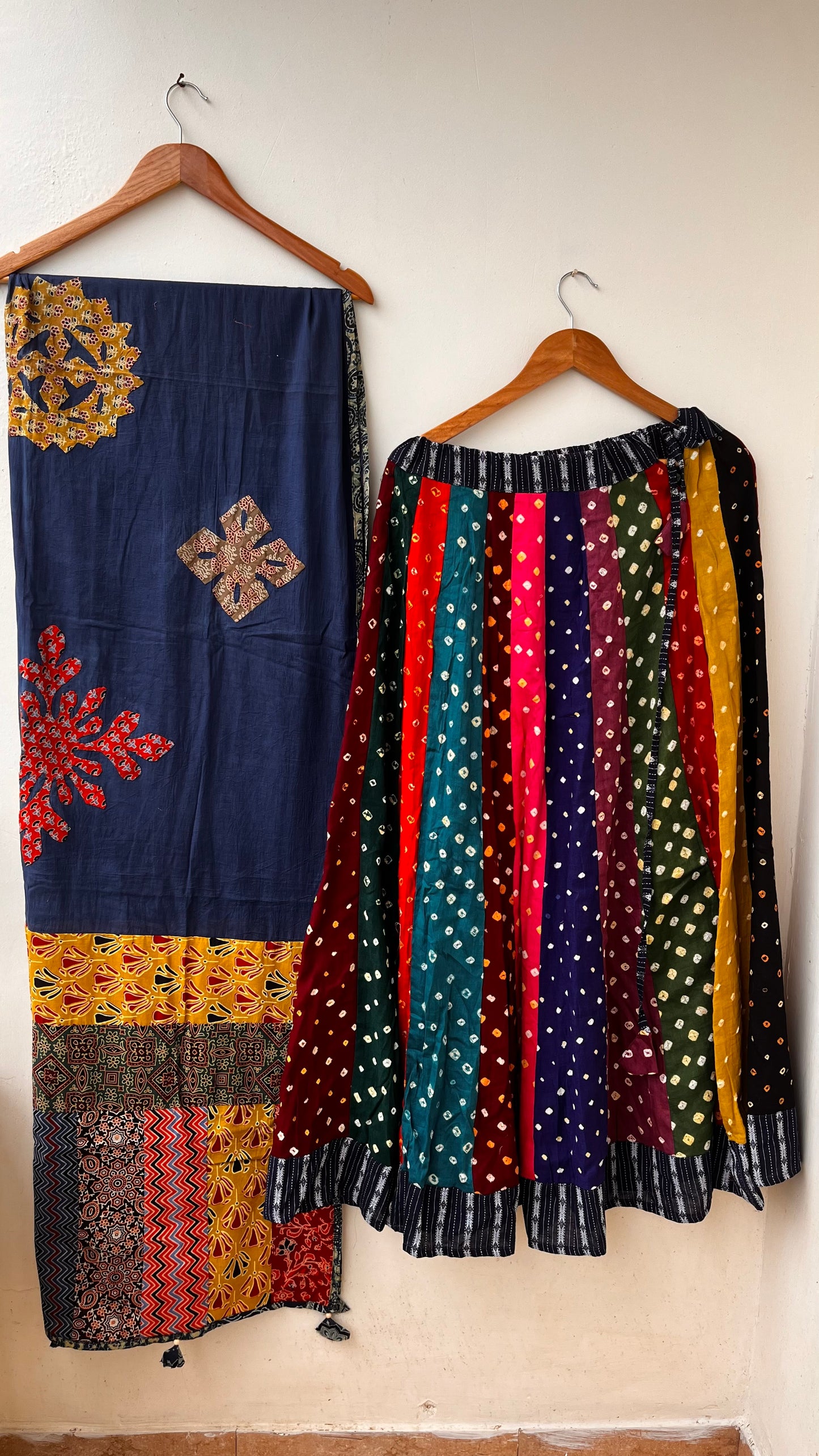 Multicolour Gherdaar Kali Cotton Long Flared Skirt with Navy Blue Applique Patchwork Dupatta