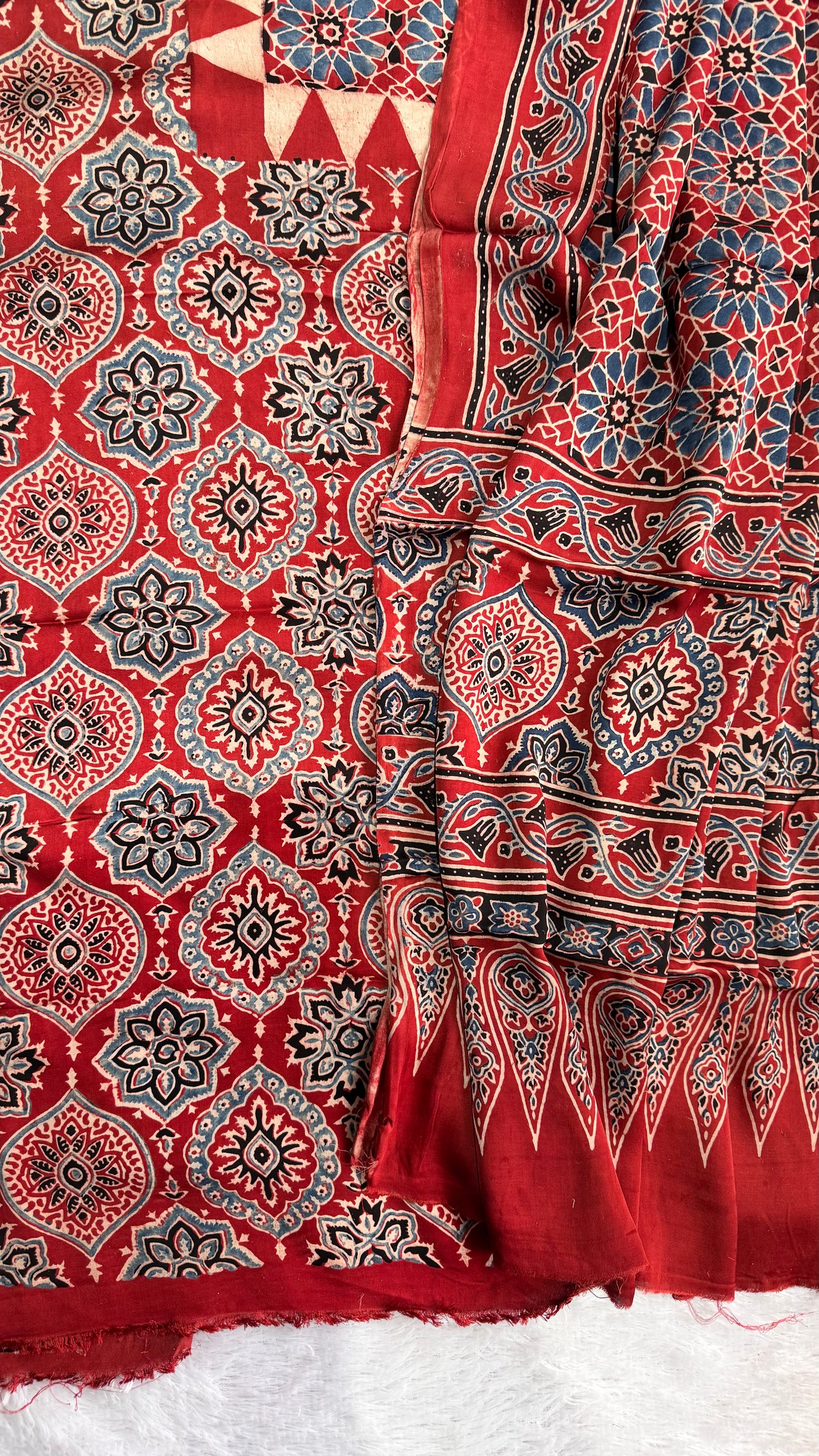 Red Classic Badaam Buta Modal Silk Hand Block Print 2pc Suit Material with Modal Silk Dupatta