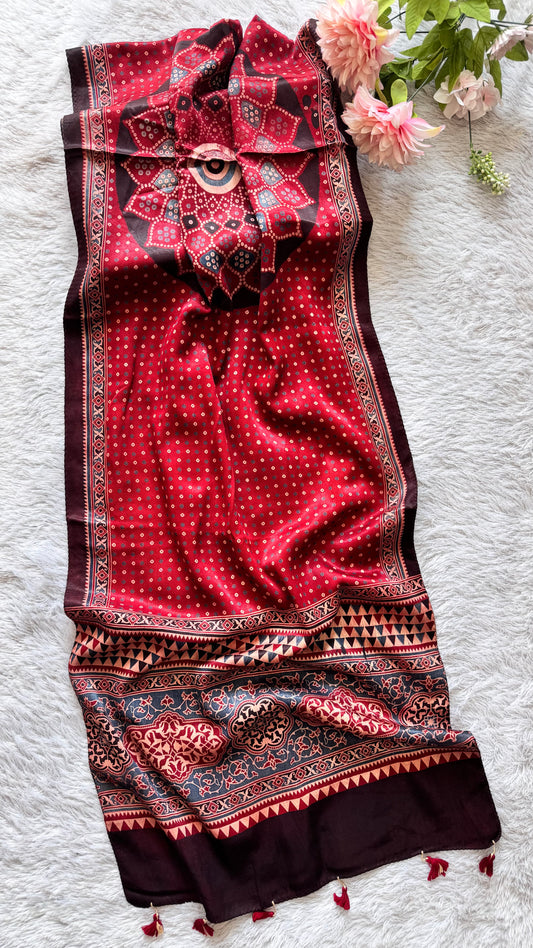 Red Bandhej Design Ajrakh Hand Block Print Mashru Silk Stole with Tassels