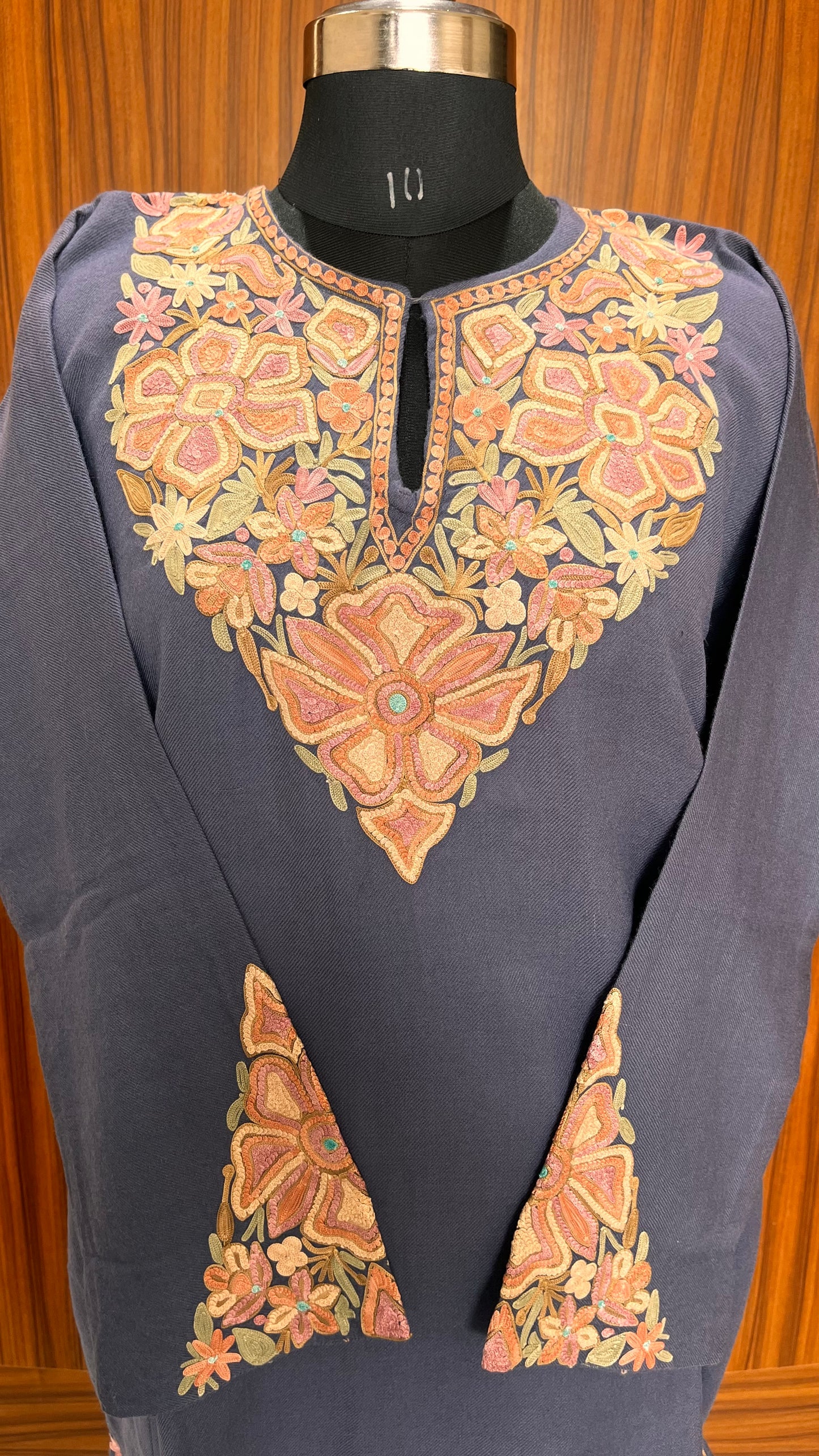 Dark Grey Shade Aari Hand Embroidered Marino Wool Pheran with Pockets