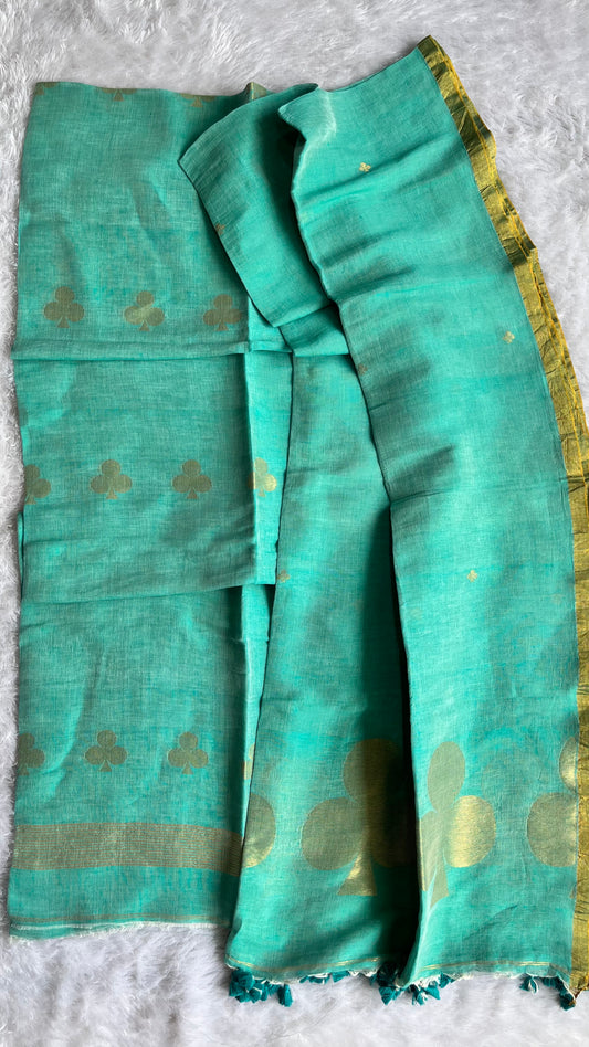Turquoise Blue Paan Buta Pure Jayshree Linen with Jamdani Hand Woven Daman 2 pc Suit Set