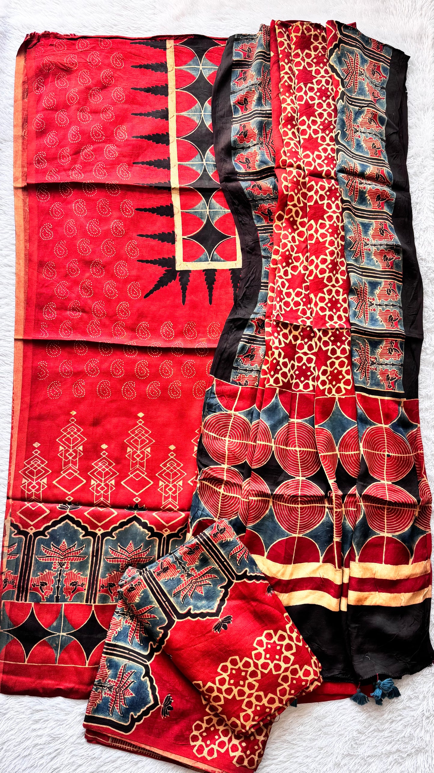 Ravishing Red Jharokha Motif Ajrakh Hand Block Print Mashru Silk 3 pc Suit Material with Modal Silk Dupatta