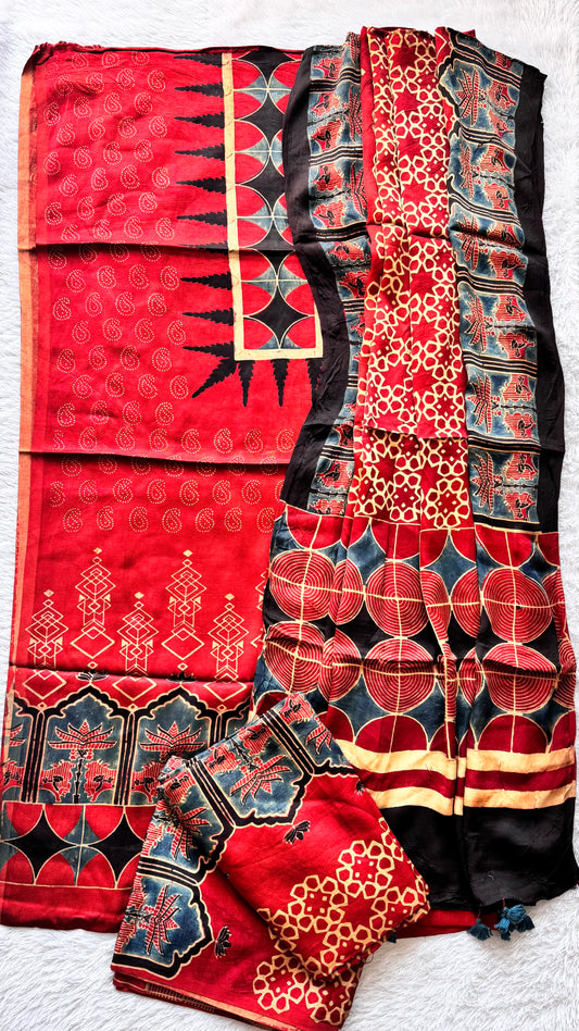 Ravishing Red Jharokha Motif Ajrakh Hand Block Print Mashru Silk 3 pc Suit Material with Modal Silk Dupatta
