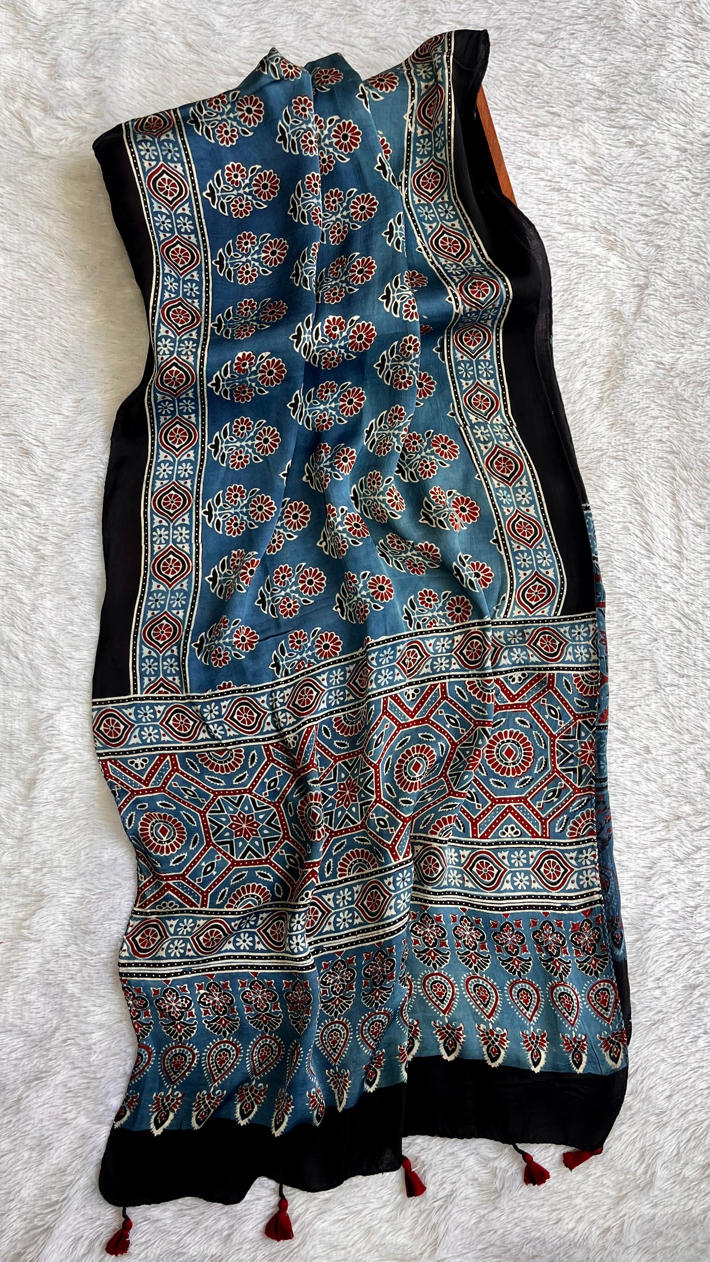 Blue Floral Buta Motif Ajrakh Hand Block Print Modal Silk Stole with Tassels