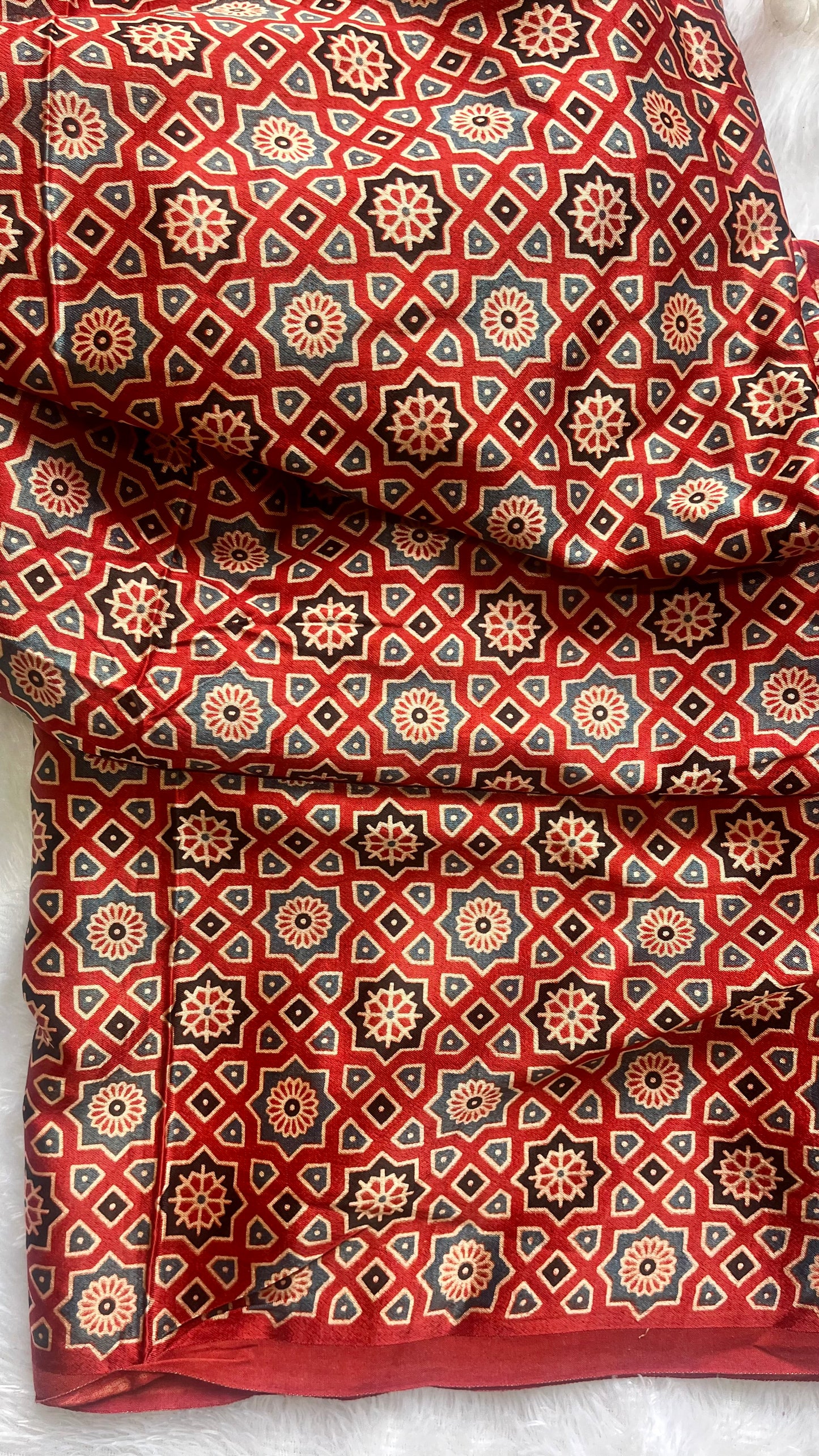 Red Choti Jaal Motif Ajrakh Mashru Silk fabric