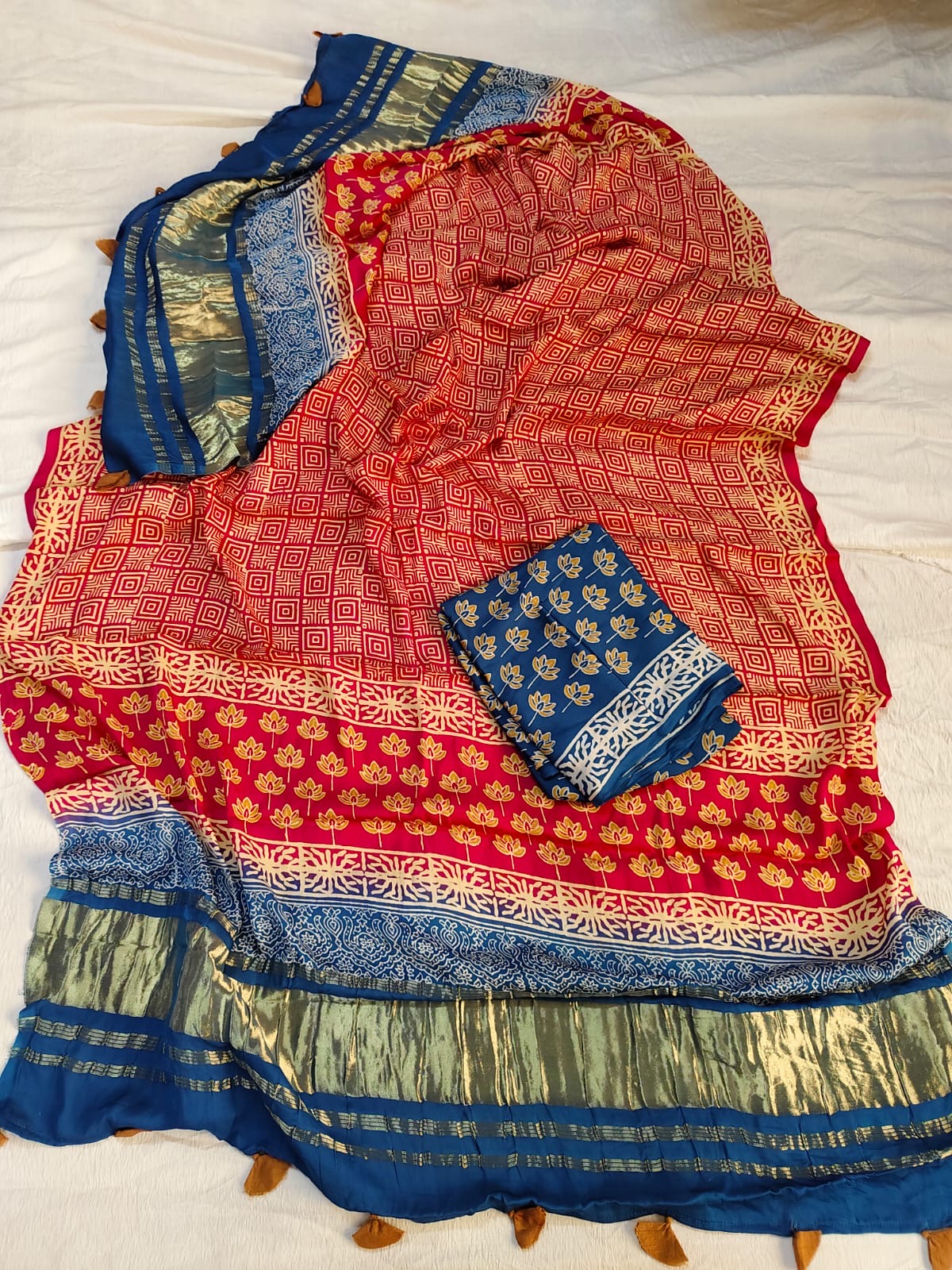 Royal Blue and Red Lotus Motif Mod Silk Ajrakh Hand Block Print 2pc Suit Set with Lagdi Patti Dupatta