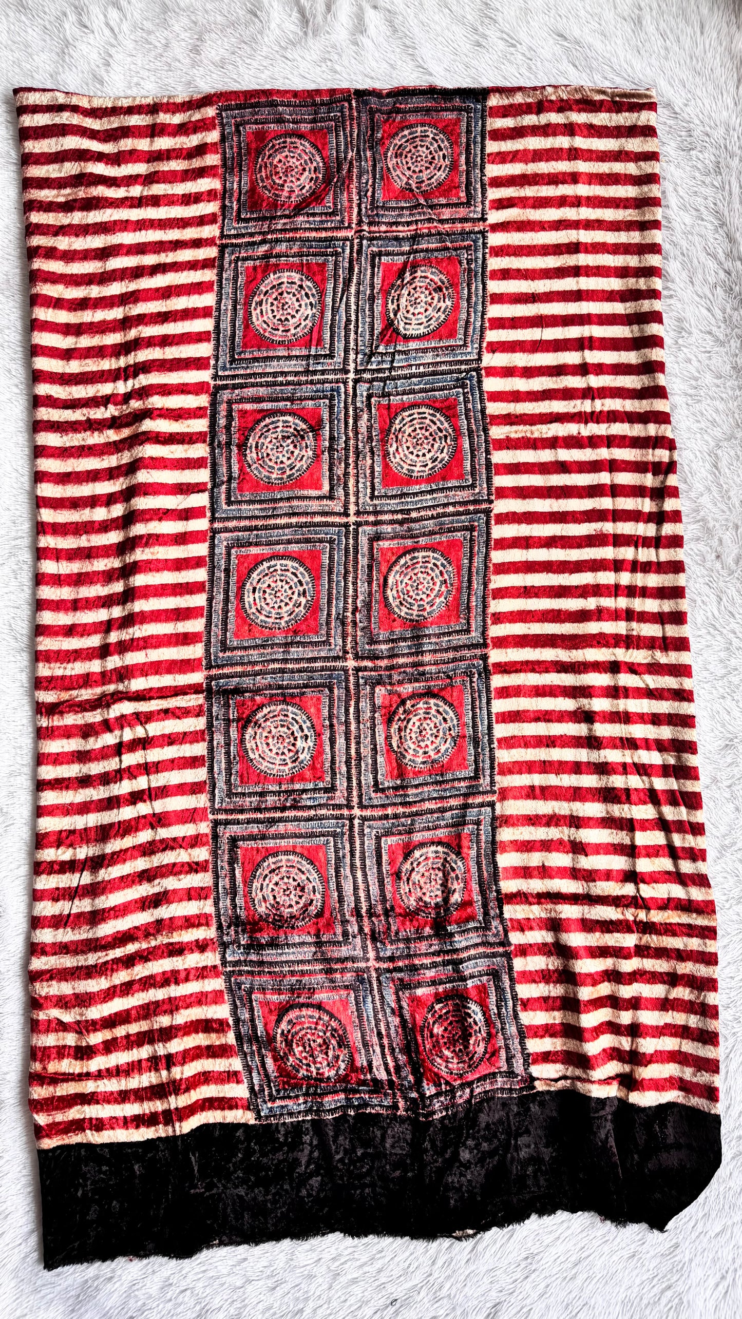 Red Stripes Buta Velvet Fabric Ajrakh Hand Block Print Designer Unstitched Fabric (Kurta Only)