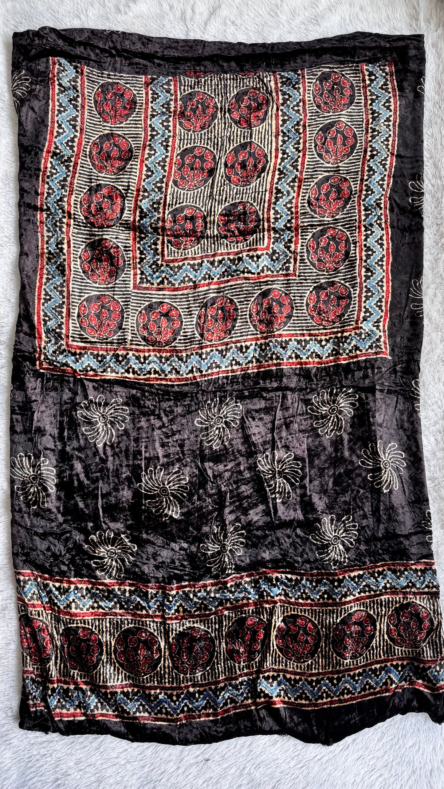 Black Buta Velvet Fabric Ajrakh Hand Block Print Designer Unstitched Fabric (Kurta Only)