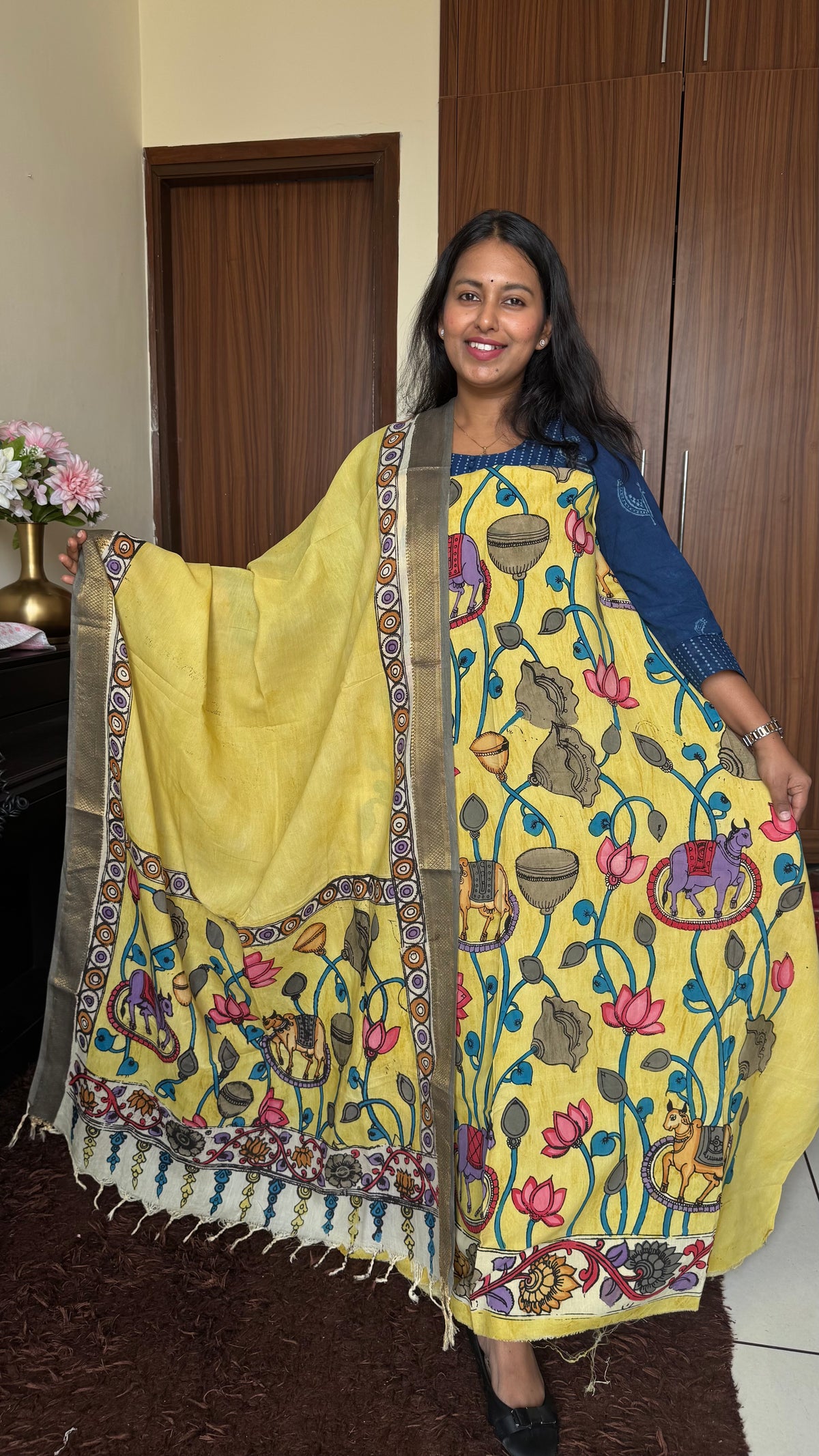 Custard Yellow Bangalore Silk Pen Kalamkari Kurta Dupatta Set