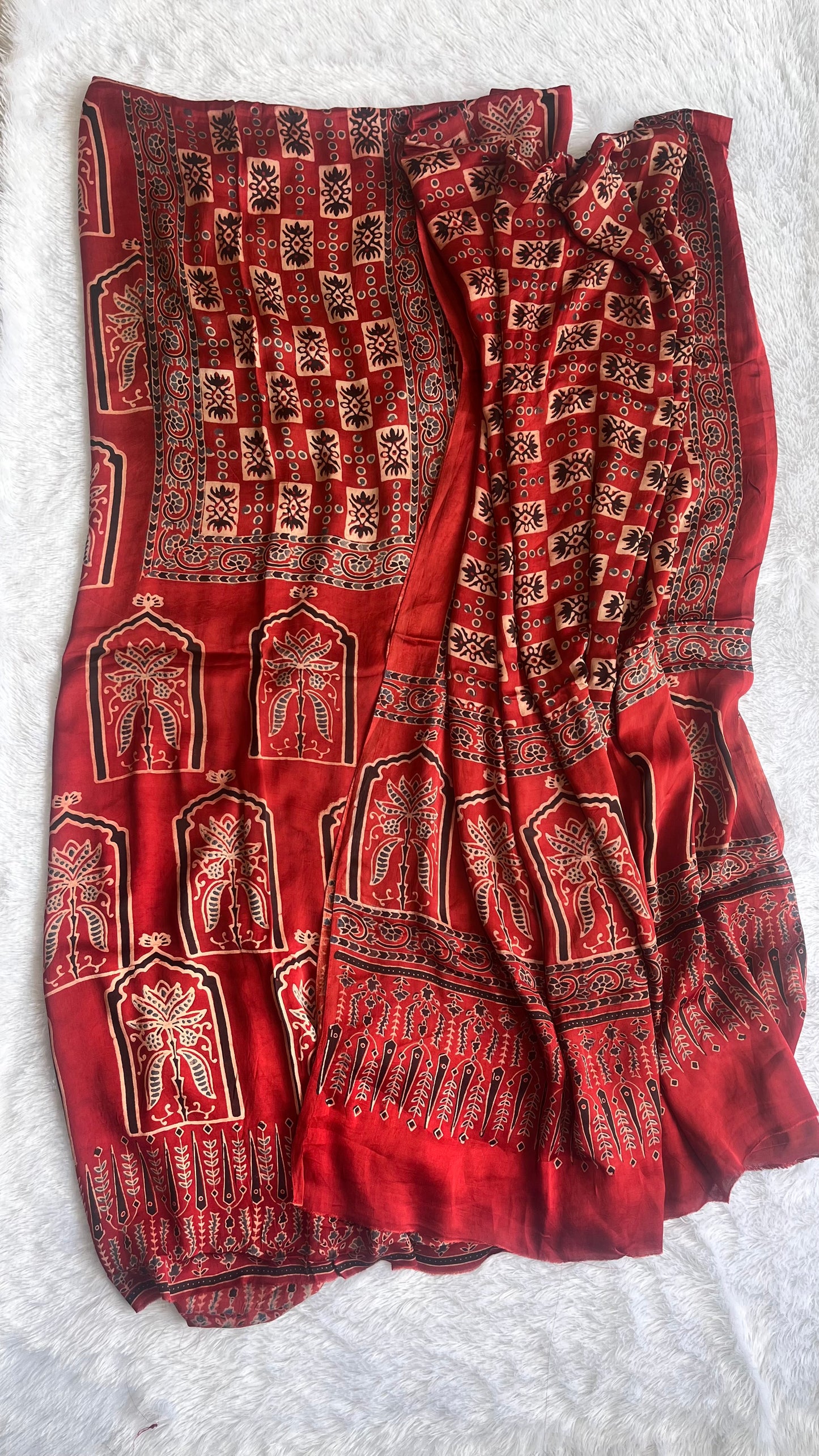 Ravishing Red Jharokha Modal Silk Hand Block Print 2pc Suit Material Set