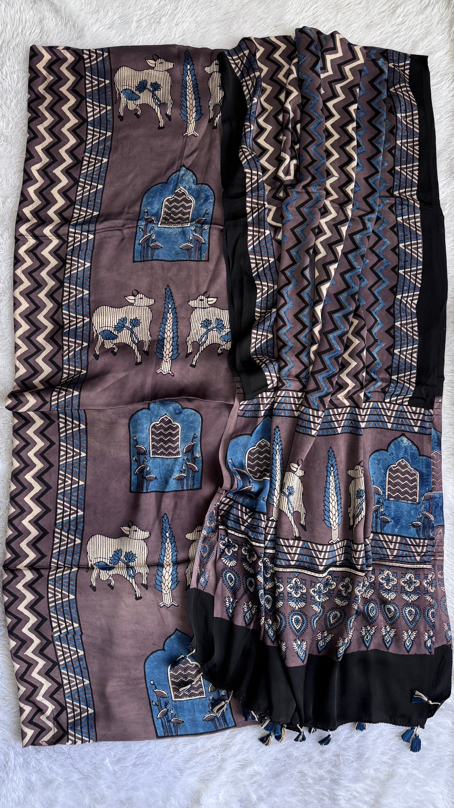 Ash Brown Kamdhenu Motif Modal Silk Ajrakh Natural Dyed Hand Block Print 2pc Suit Material Set