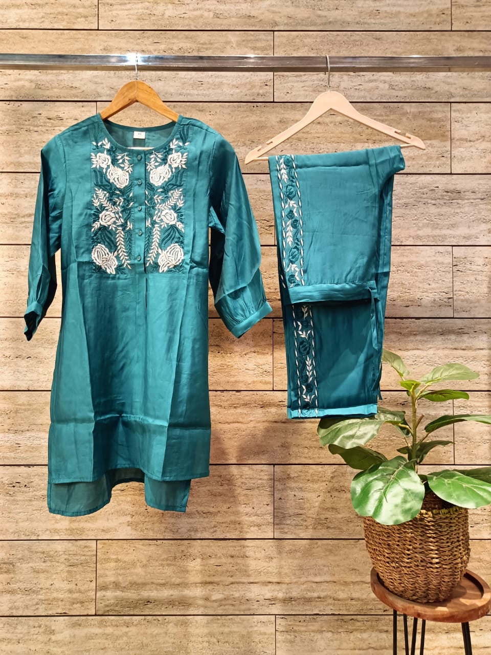 Teal Shade Muslin Silk Cotton Co Ord Set with Embroidery Panel