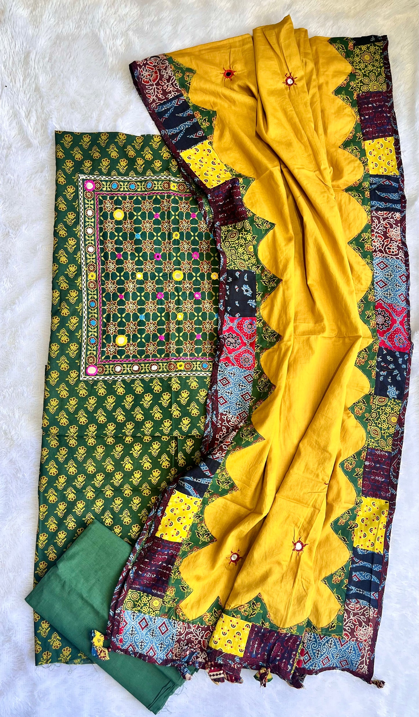 Green and Yellow Ajrakh Suit Set with Kutch embroidery and Multicolour Ajrakh Applique Cotton Dupatta