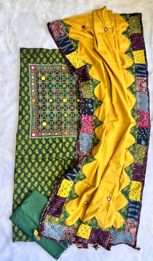 Green and Yellow Ajrakh Suit Set with Kutch embroidery and Multicolour Ajrakh Applique Cotton Dupatta