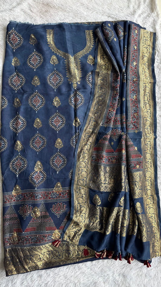 Blue Badaam Buta Motif Pure Dola Silk Ajrakh Hand Block Print 2pc Suit Material Set with Zari Yoke and Nakkashi Dupatta