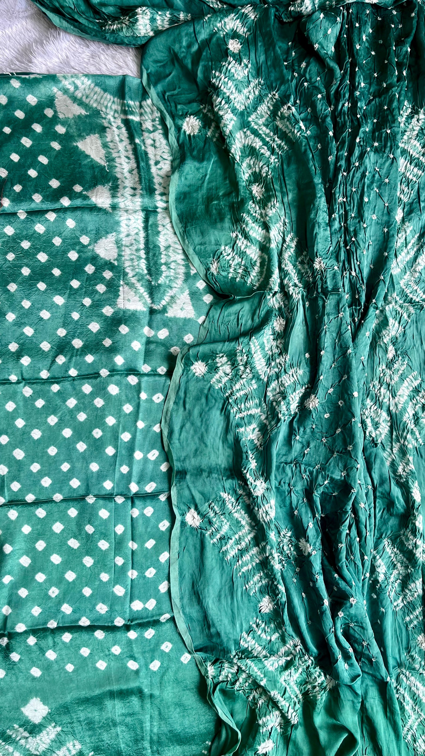 Turquoise Green Bandhej Semi Modal Silk 3 pc Suit Set with Lagdi Patti Dupatta