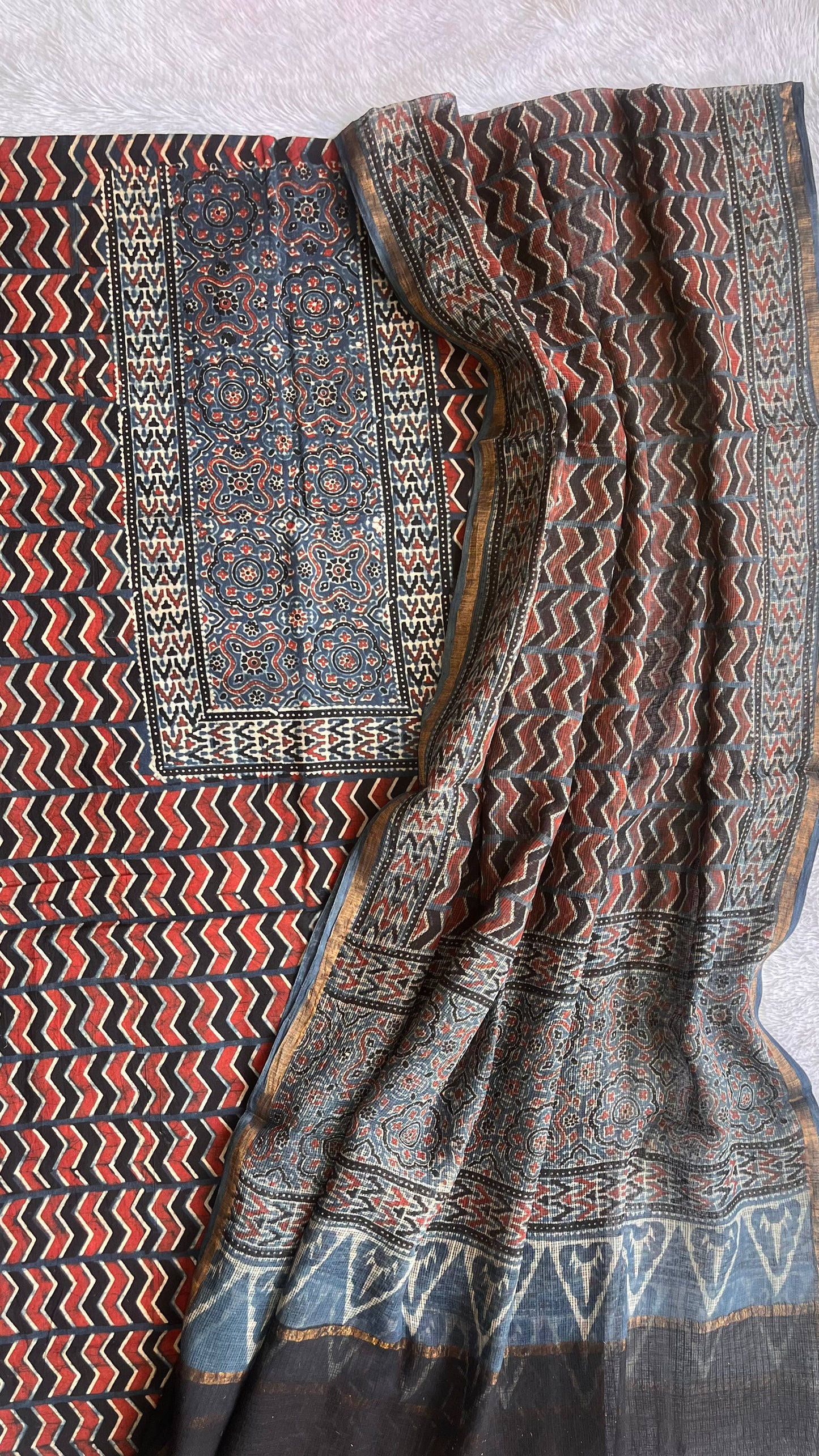 Red and Black Pure Cotton Ajrakh Unstitched Suit Set with Ajrakh Kota Doria Dupatta