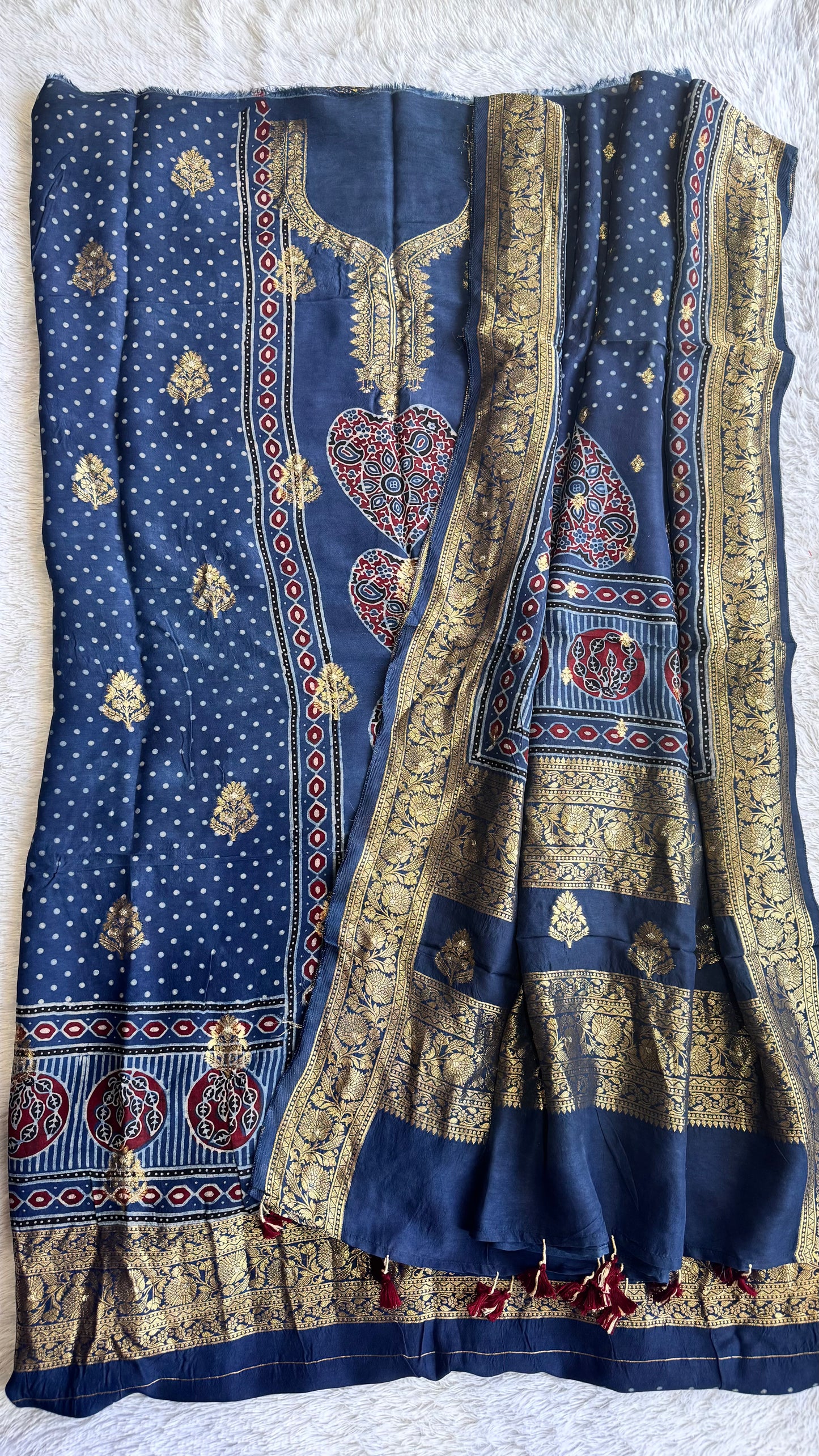 Blue Heart Boota Pure Dola Silk Ajrakh Hand Block Print 2pc Suit Material Set with Zari Yoke and Nakkashi Dupatta