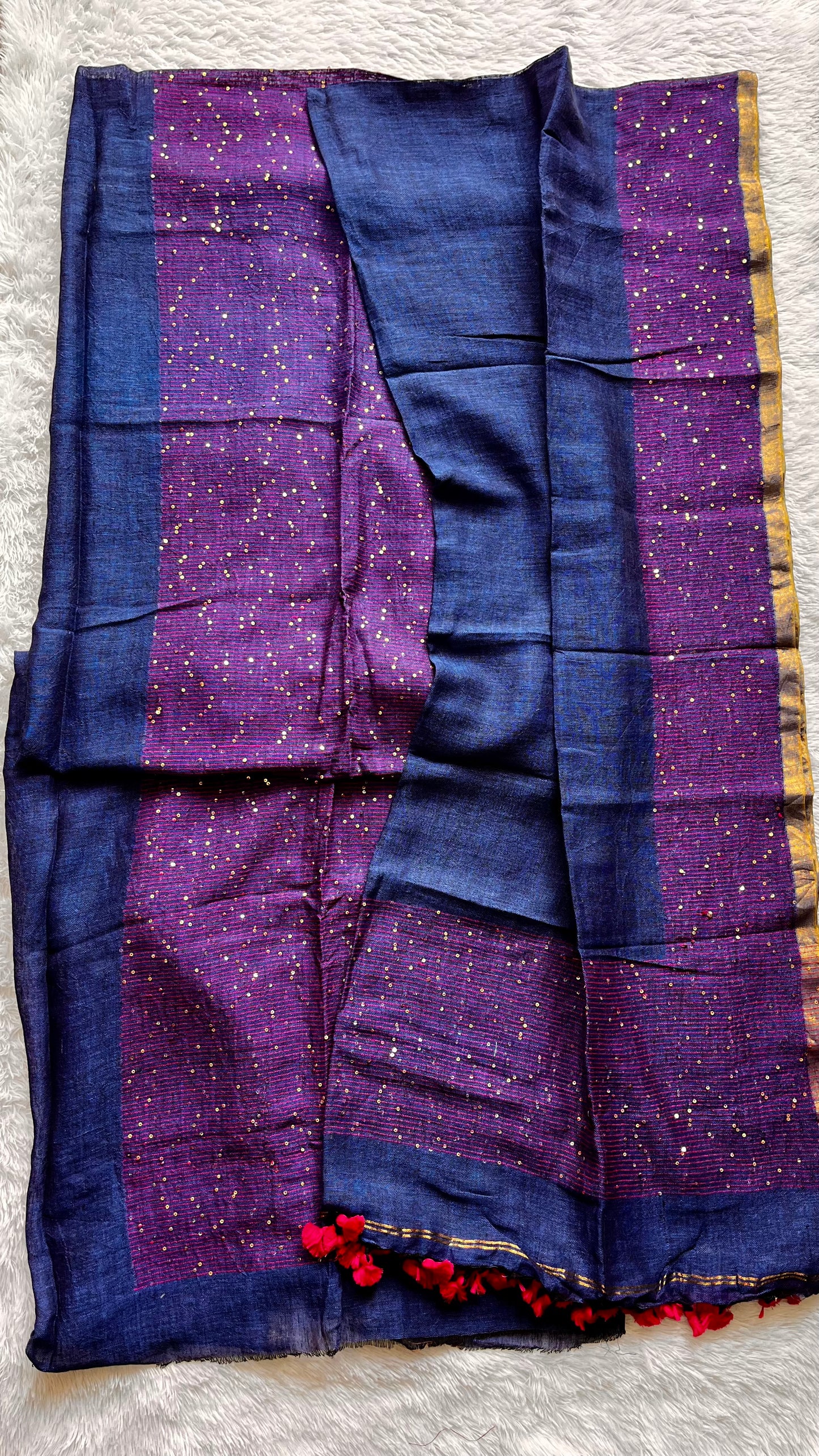 Morpankhi Pure Linen on Linen Hand Woven Suit Set with Sequins Work and Tassels