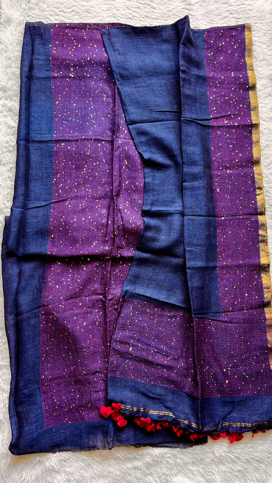 Morpankhi Pure Linen on Linen Hand Woven Suit Set with Sequins Work and Tassels