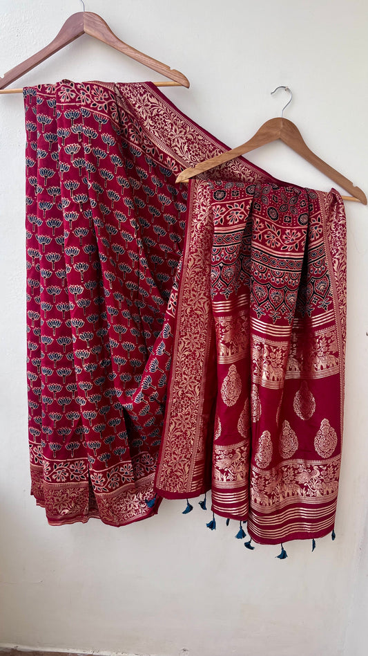 Brick Red Kamal Buta Motif Ajrakh Hand Block Dola Silk Saree with Zari Pallu (With Blouse)