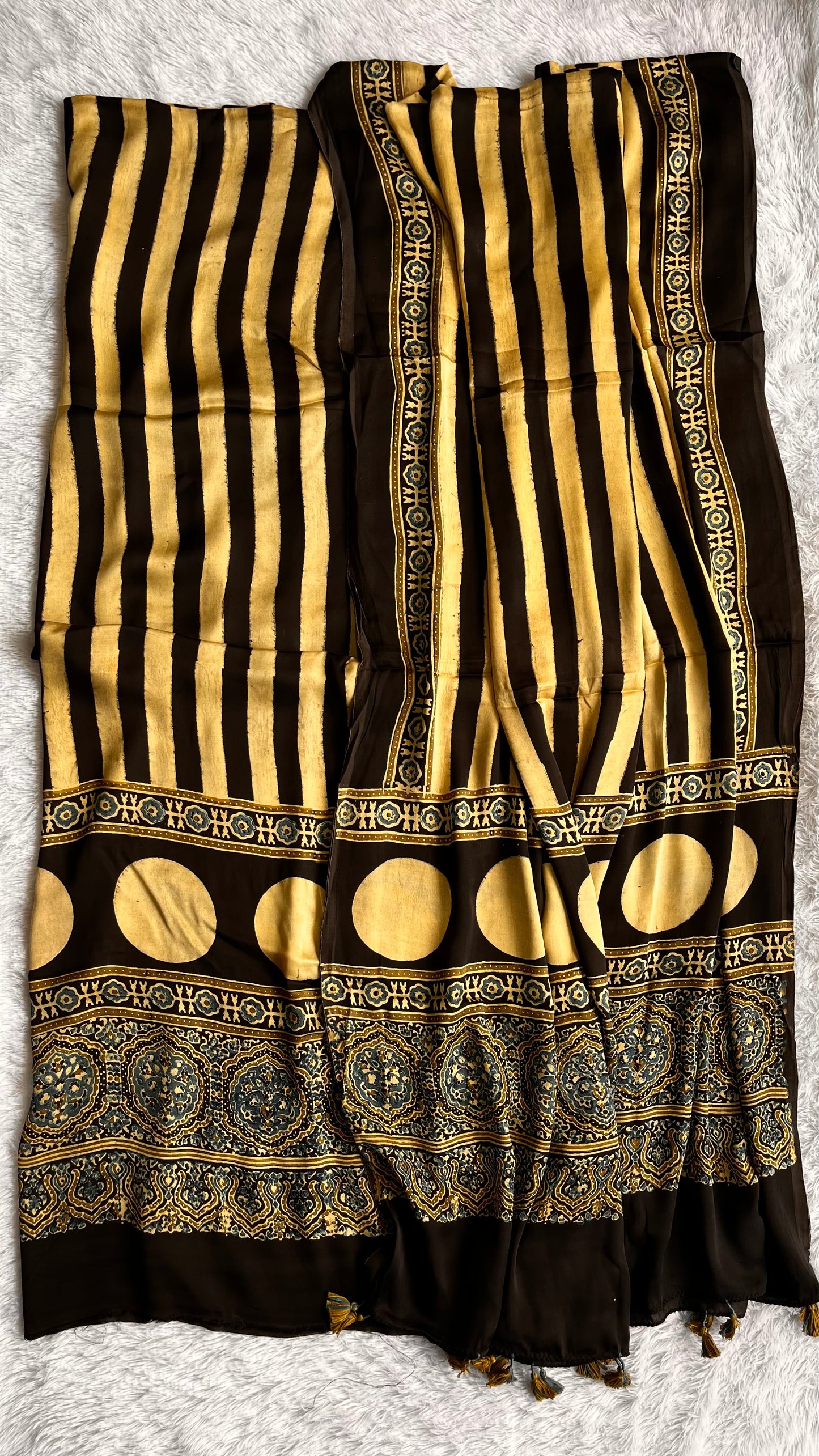 Black and Off White Moti Dhaari Motif Modal Silk Suit Material with Ajrakh Modal Dupatta