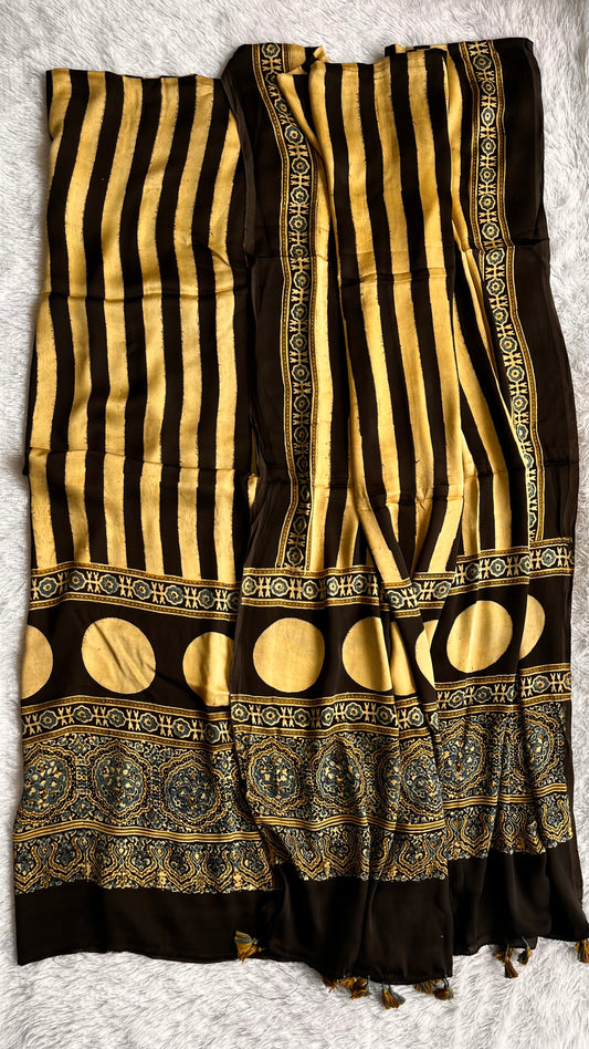 Black and Off White Moti Dhaari Motif Modal Silk Suit Material with Ajrakh Modal Dupatta