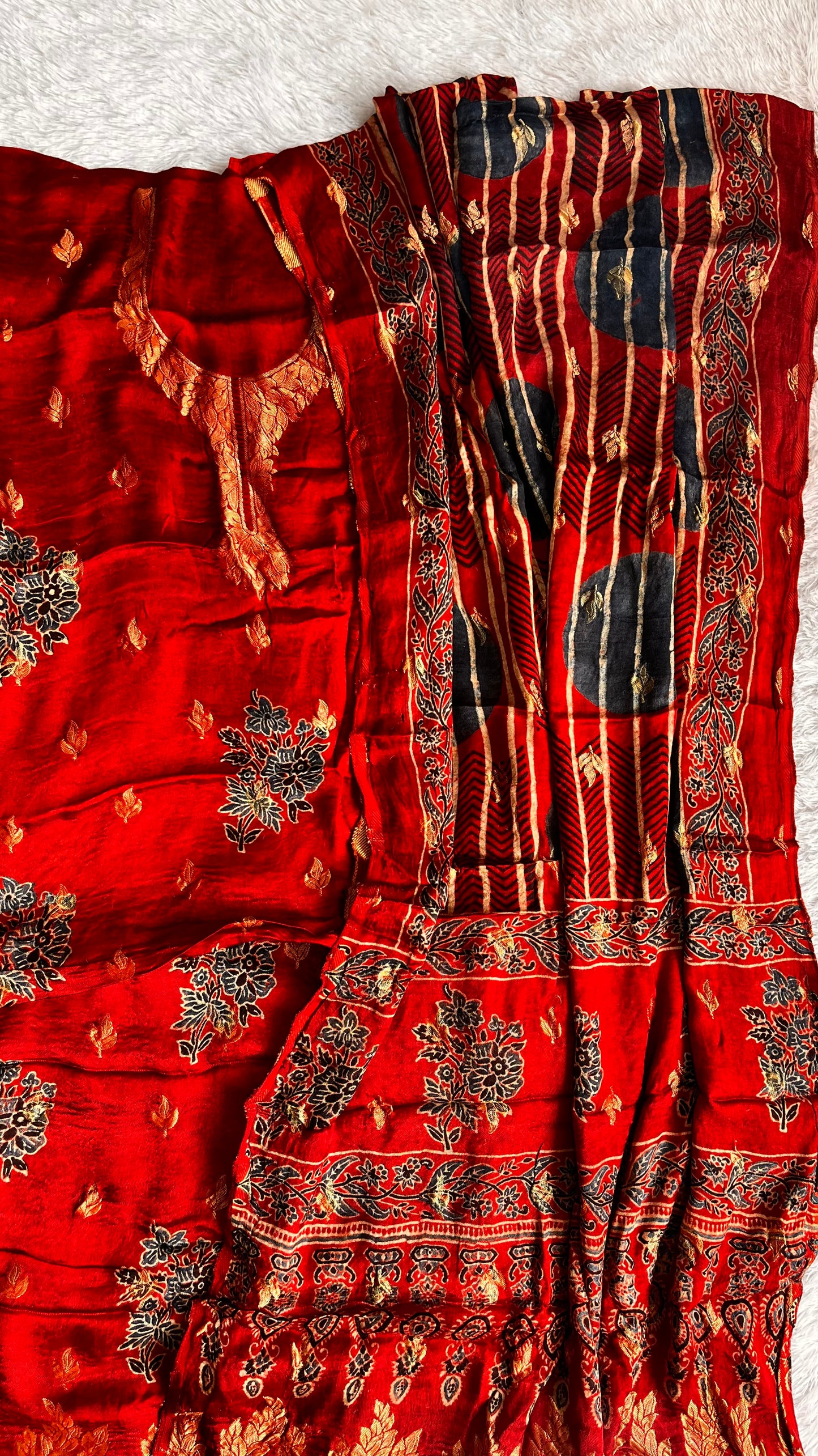 Mesmerising Red Boota Motif Ajrakh Hand Block Modal Silk Suit Material with Nakkashi Border