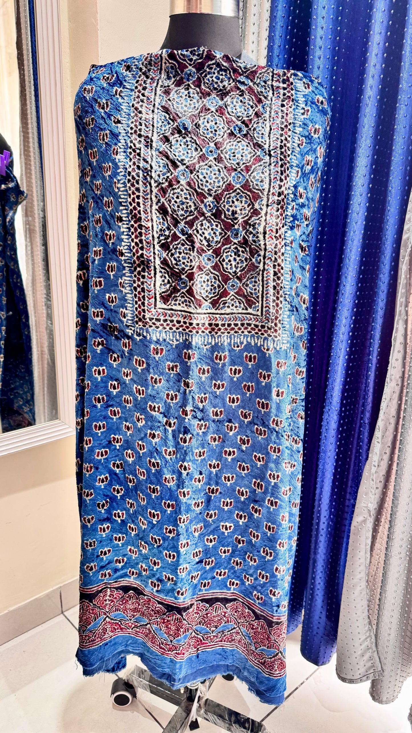 Deep Blue Kamal Buta Velvet Fabric Ajrakh Hand Block Print Designer Unstitched Fabric (Kurta Only)