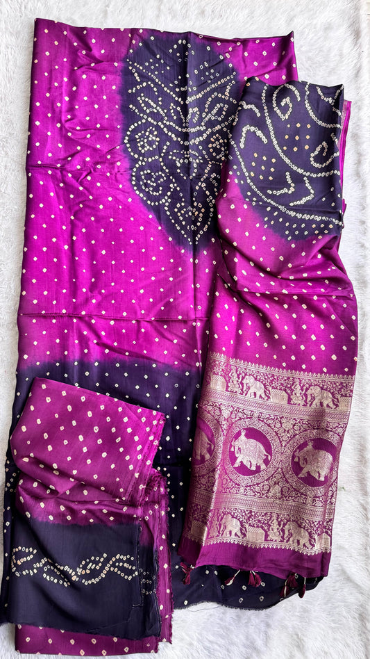 Dark Blue and Purple Bandhej Pure Dola Silk Ajrakh Hand Block Print 3 pc Suit Material Set with Menakari Yoke and Nakkashi Dupatta and Bottom