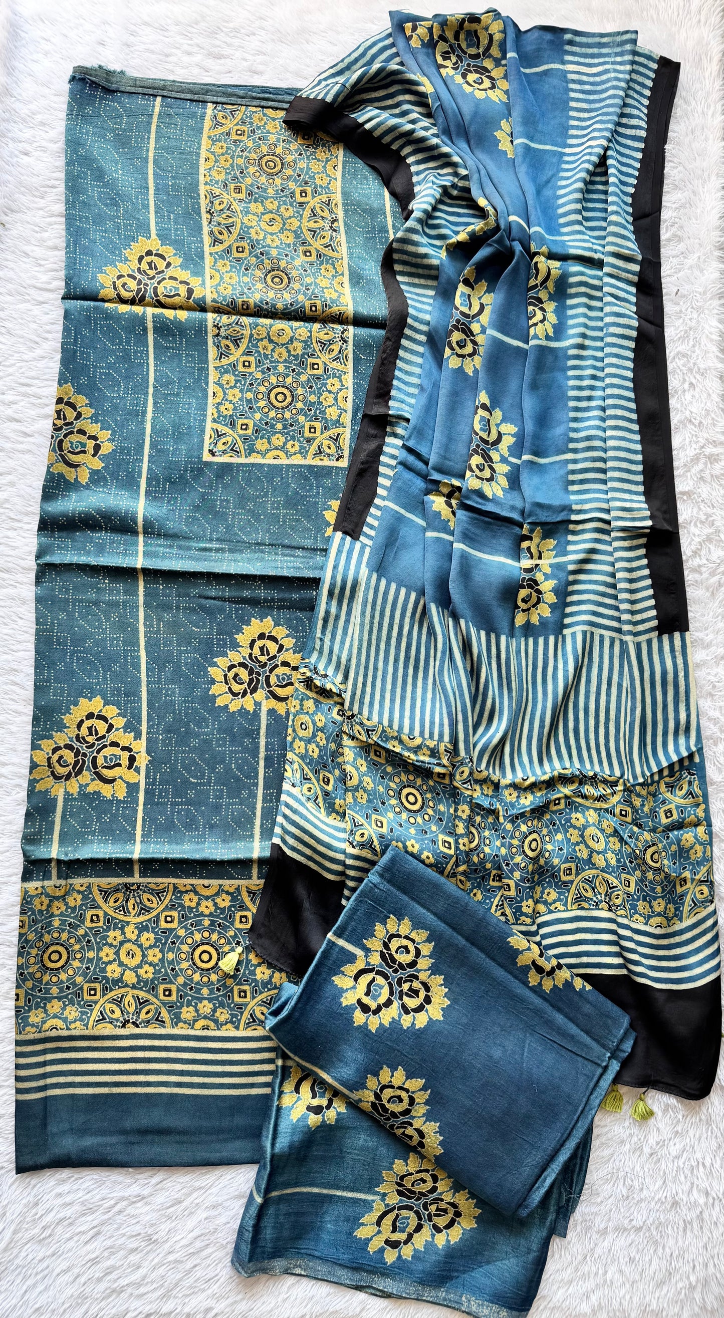 Indigo Floral Motif Ajrakh Hand Block Print Mashru Silk 3 pc Suit Material with Modal Silk Dupatta
